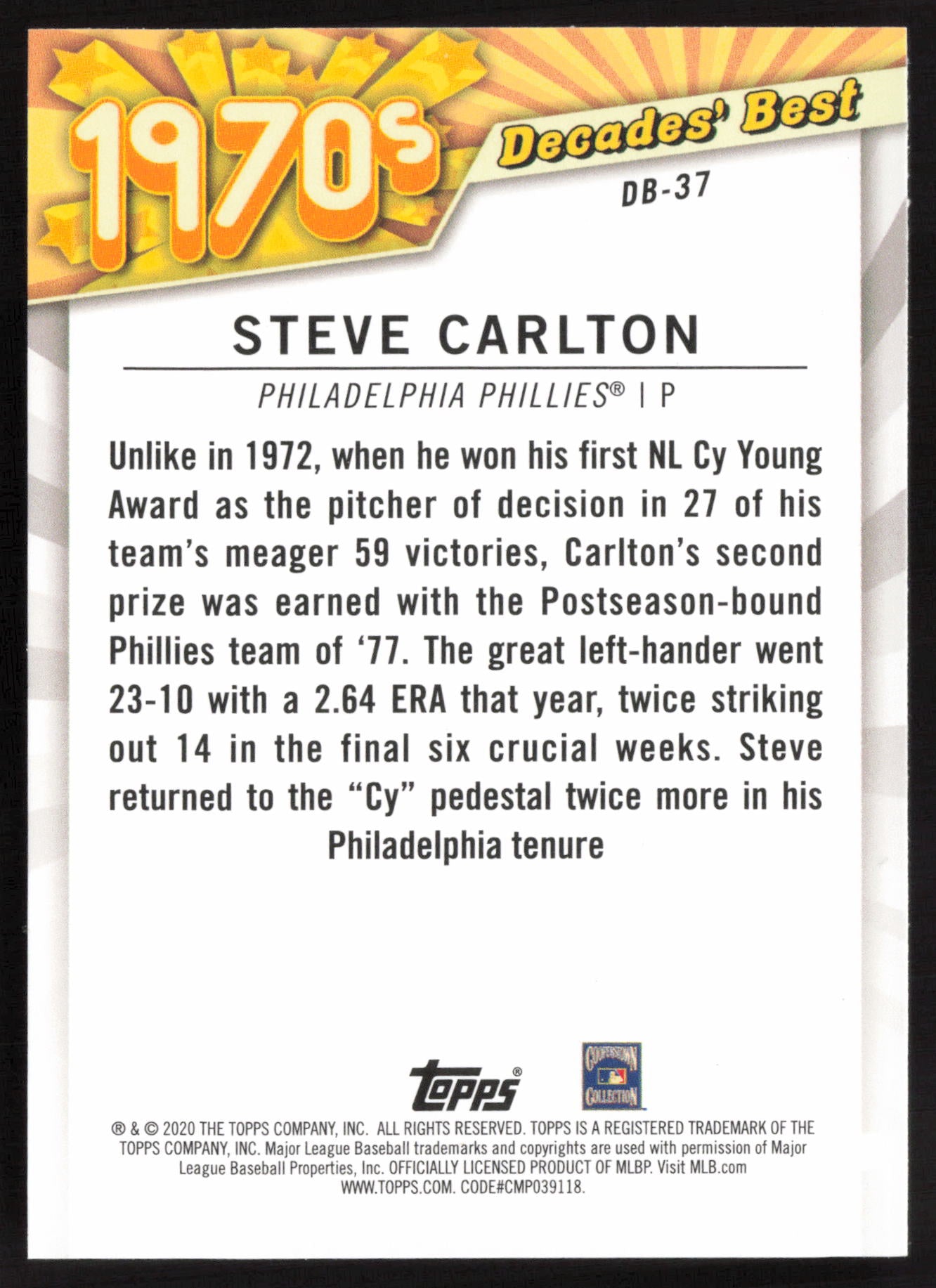 2020 Topps #DB-37 Steve Carlton Decades' Best (Series Two)