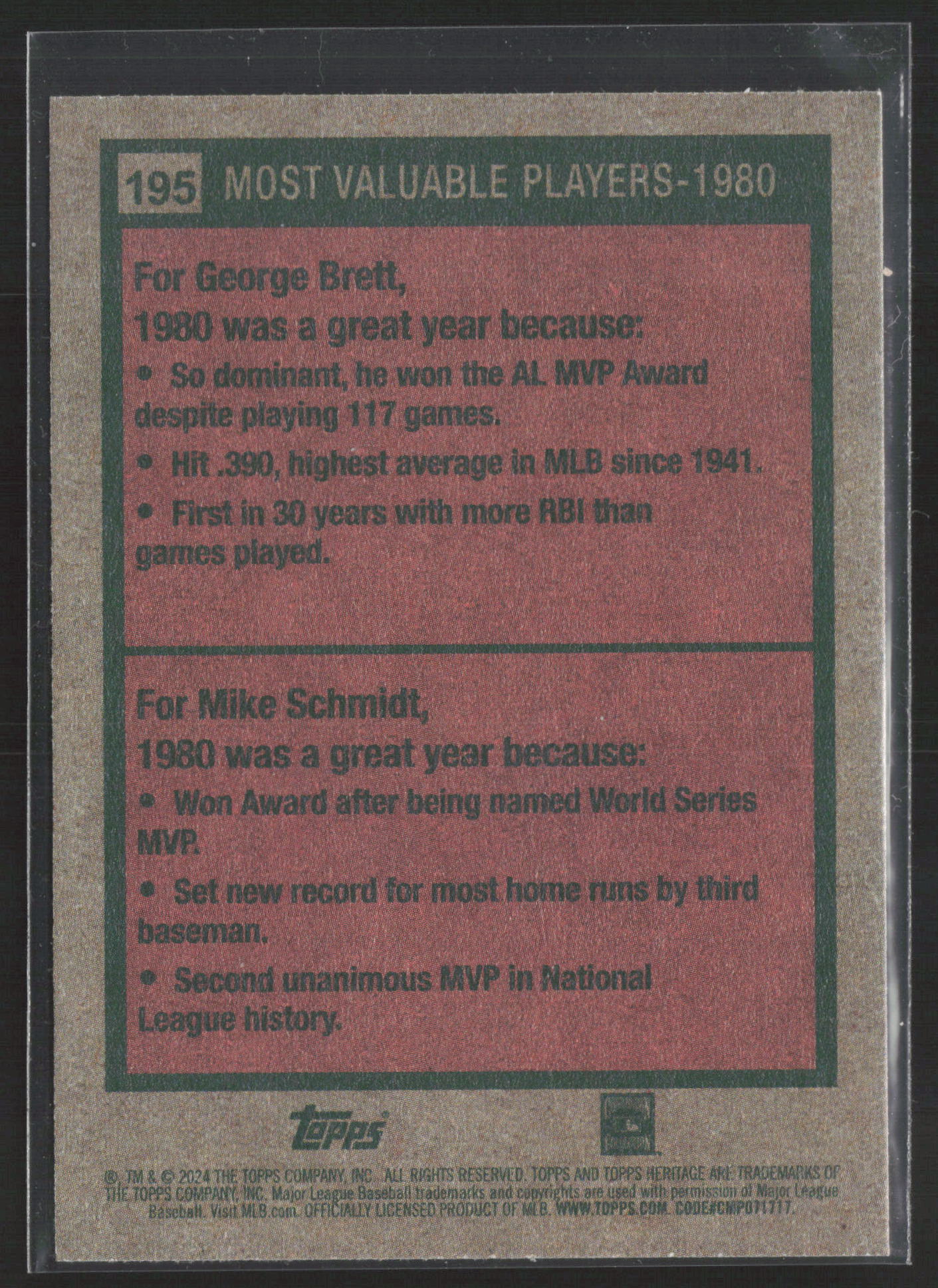 2024 Topps Heritage #195 1980 MVPs (George Brett / Mike Schmidt)