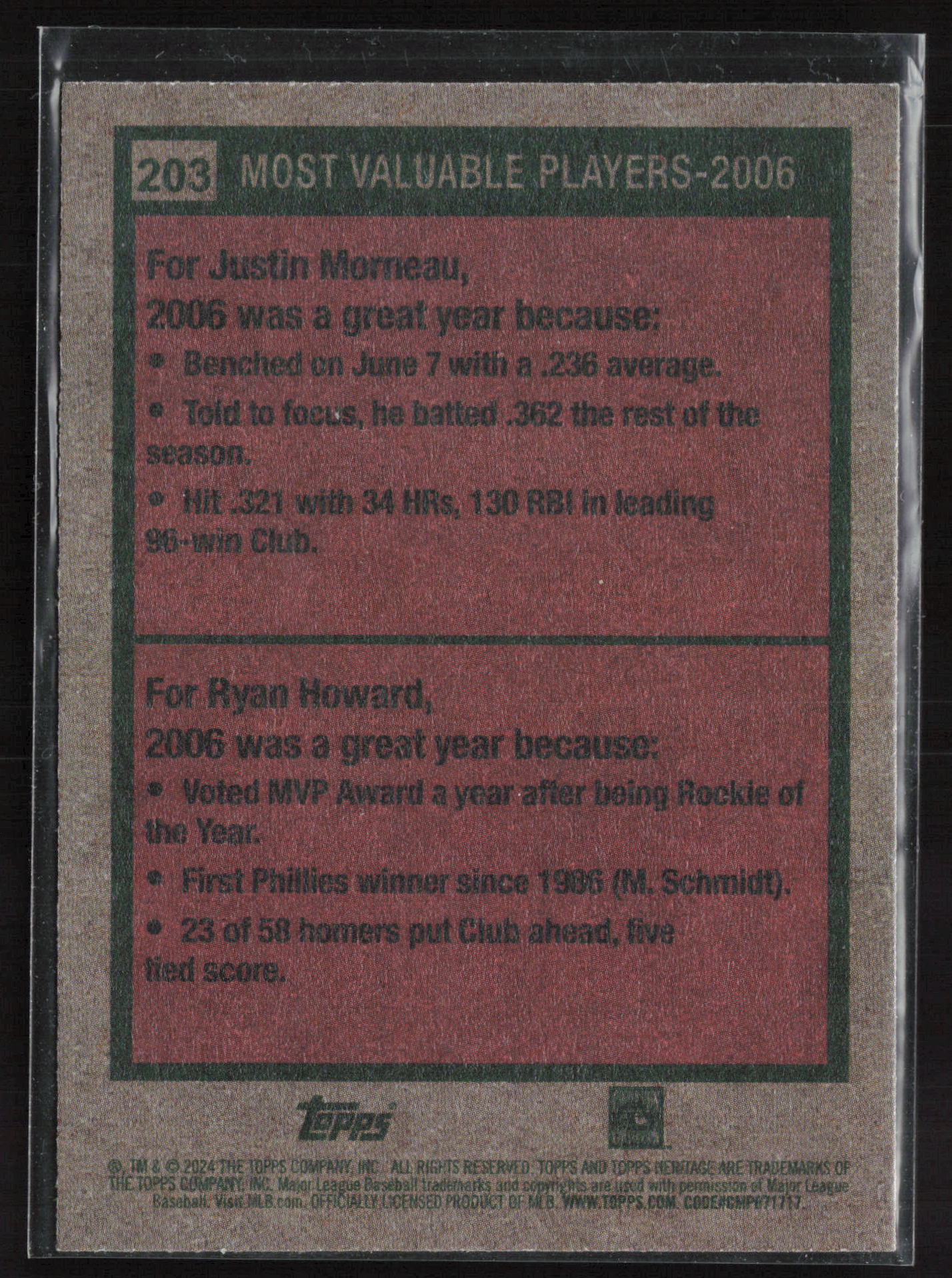 2024 Topps Heritage #203 2006 MVPs (Justin Morneau / Ryan Howard)