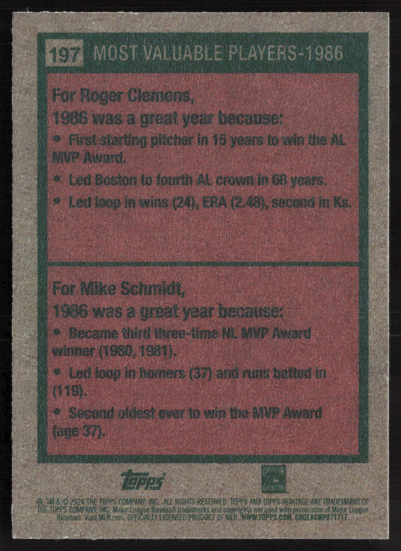 2024 Topps Heritage #197 1986 MVPs (Roger Clemens / Mike Schmidt)