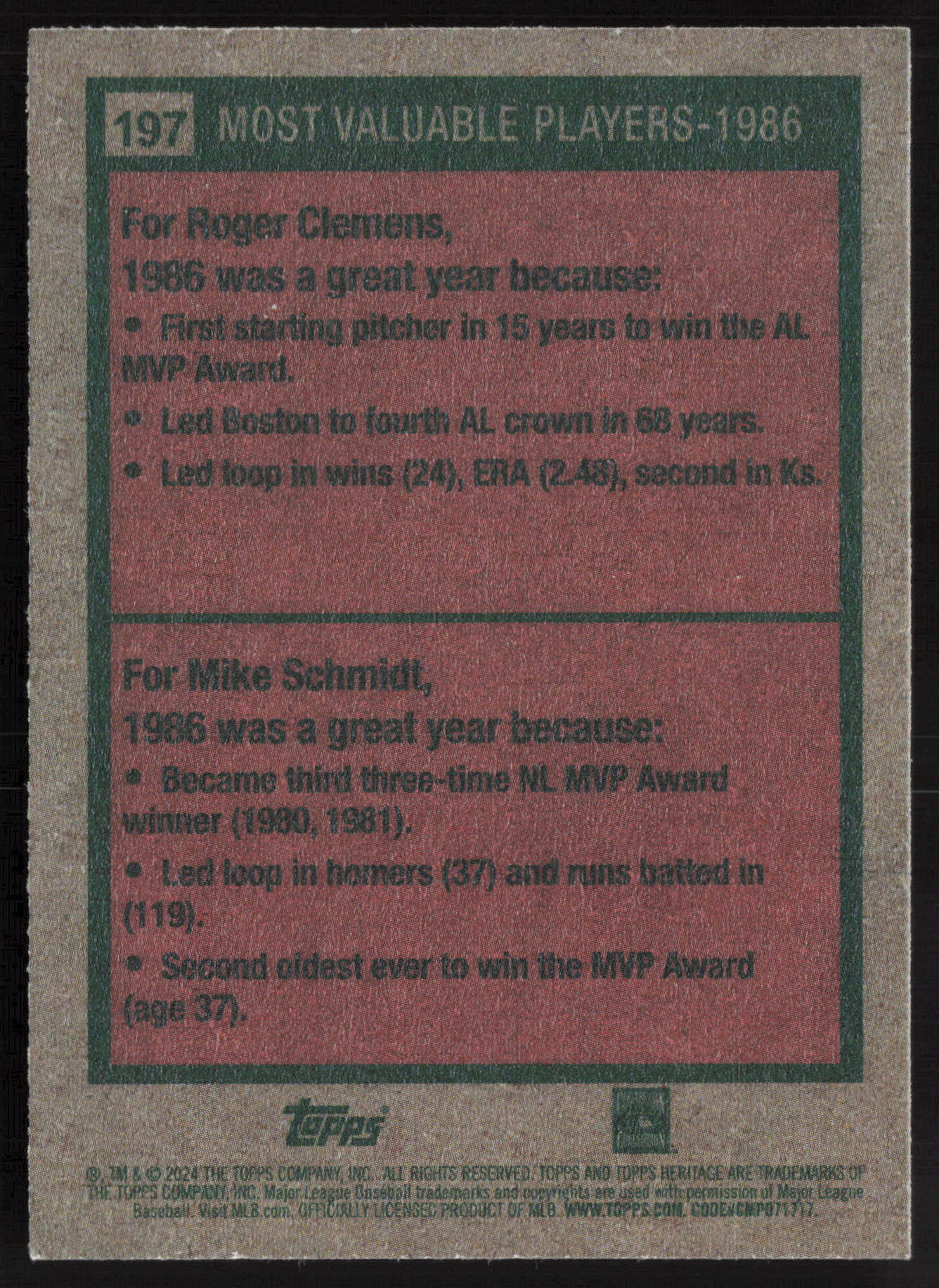 2024 Topps Heritage #197 1986 MVPs (Roger Clemens / Mike Schmidt)