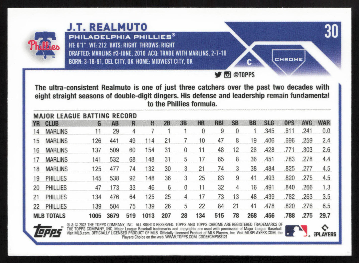 2023 Topps Chrome #30 J.T. Realmuto