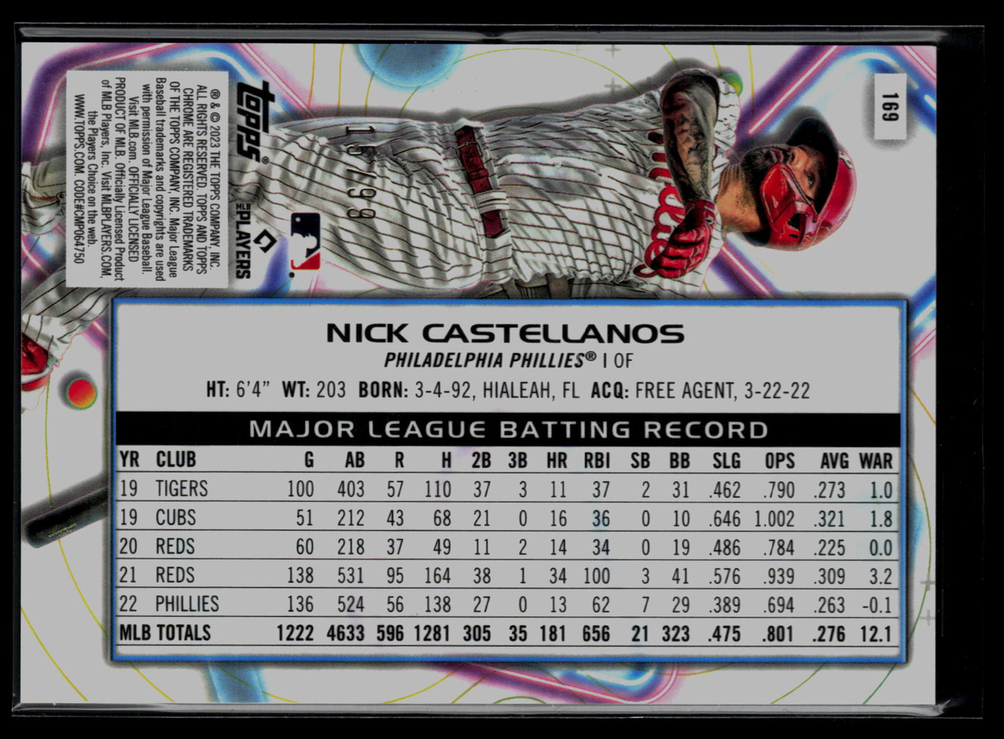 2023 Topps Cosmic Chrome #169 Nick Castellanos Blue Moon Refractor #/99