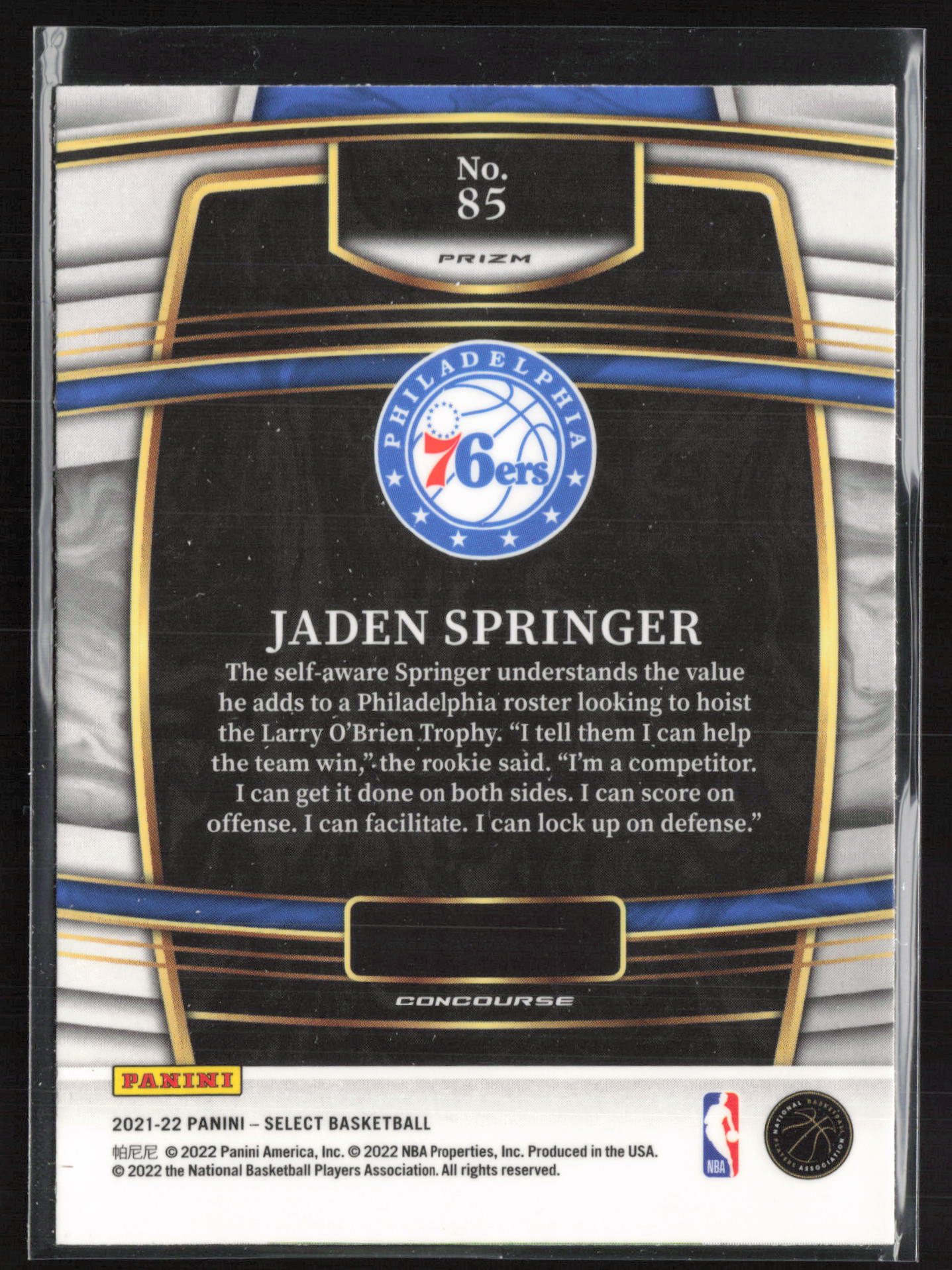 2021-22 Panini Select #85 Jaden Springer Orange Flash Prizms