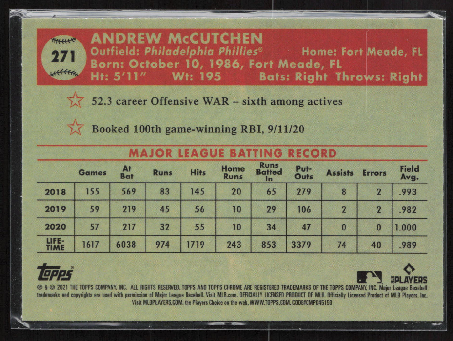 2021 Topps Chrome Platinum Anniversary #271 Andrew McCutchen