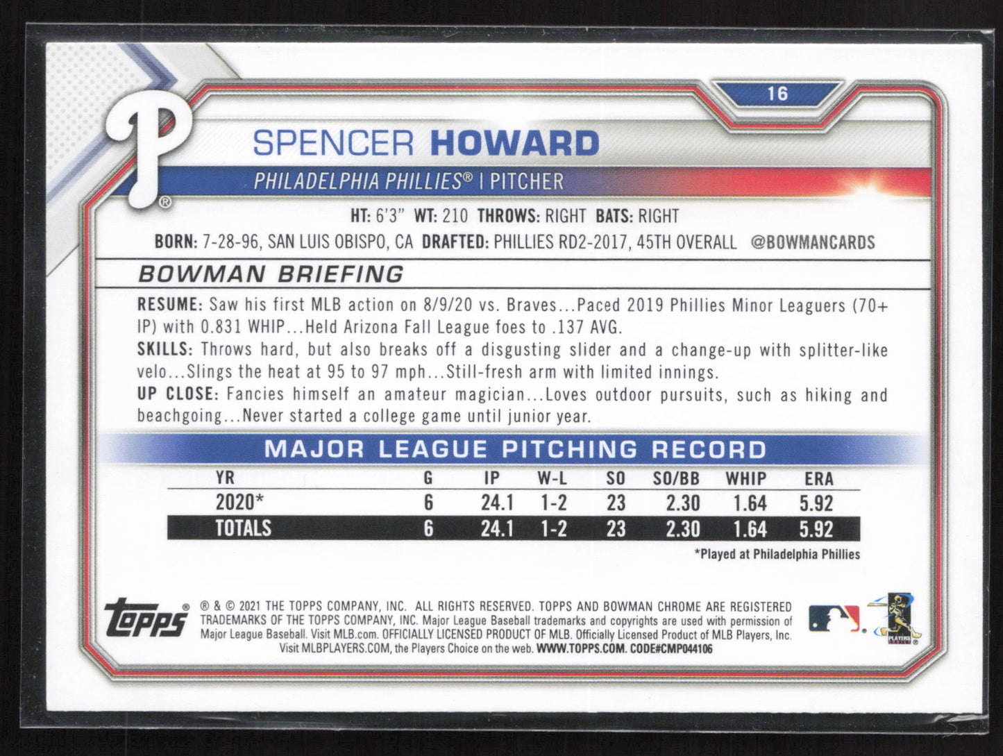 2021 Bowman #16 Spencer Howard