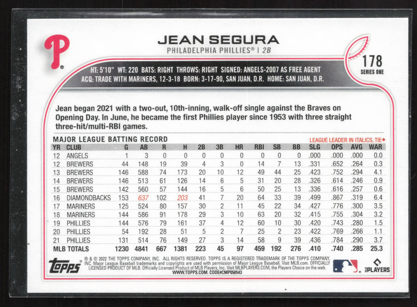 2022 Topps #178 Jean Segura