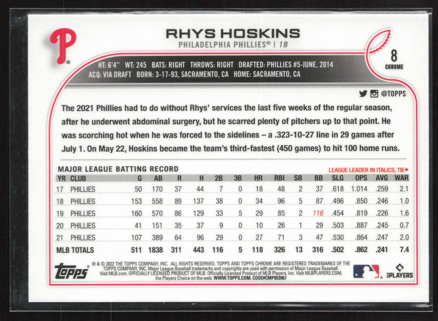 2022 Topps Chrome #8 Rhys Hoskins X-Fractor