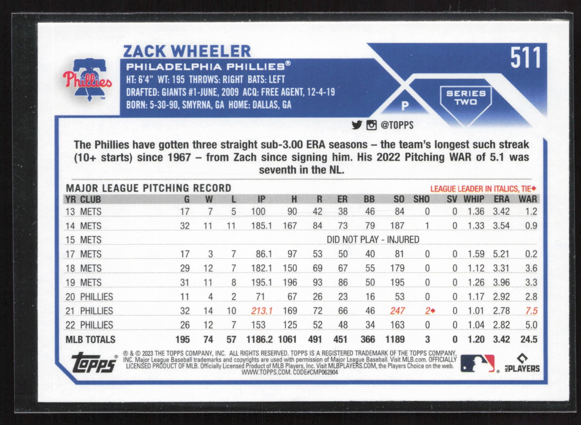 2023 Topps #511 Zack Wheeler