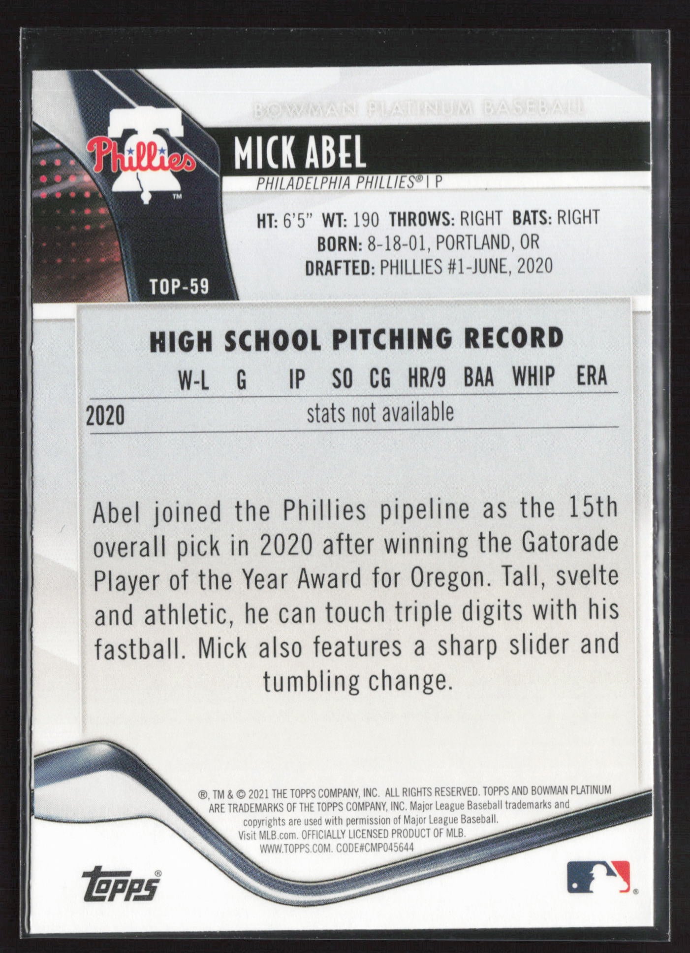 2021 Bowman Platinum #TOP-59 Mick Abel Top Prospects