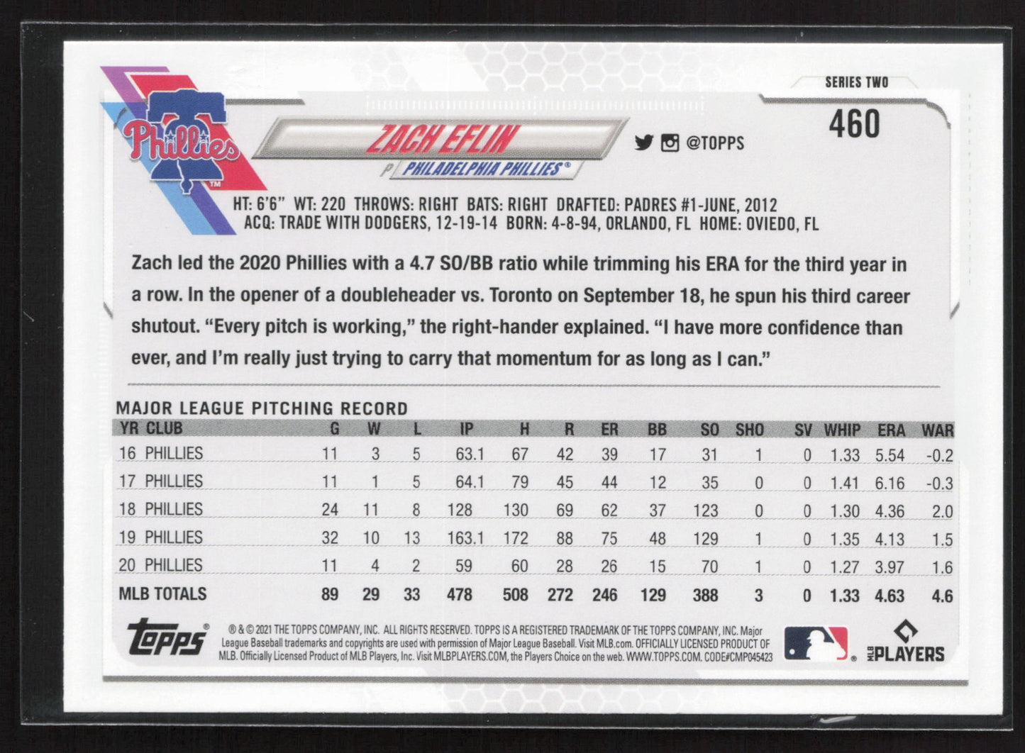 2021 Topps #460 Zach Eflin