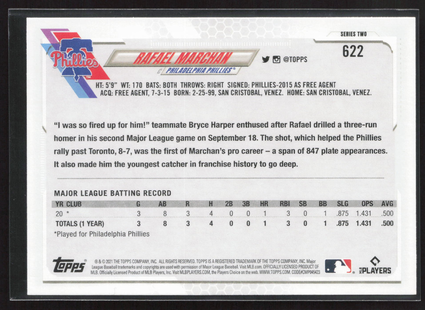 2021 Topps #622a Rafael Marchan