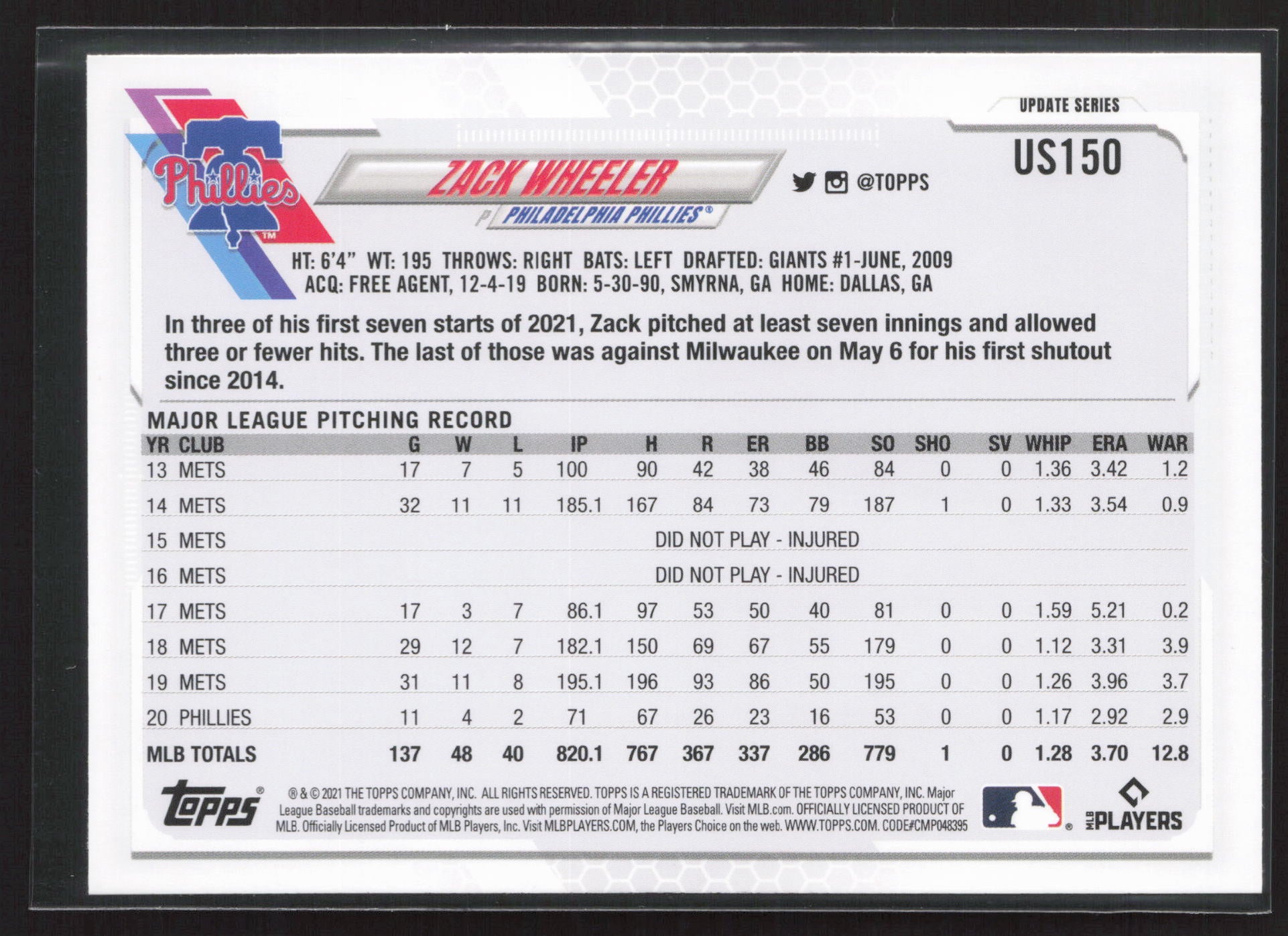 2021 Topps Update #US150 Zack Wheeler