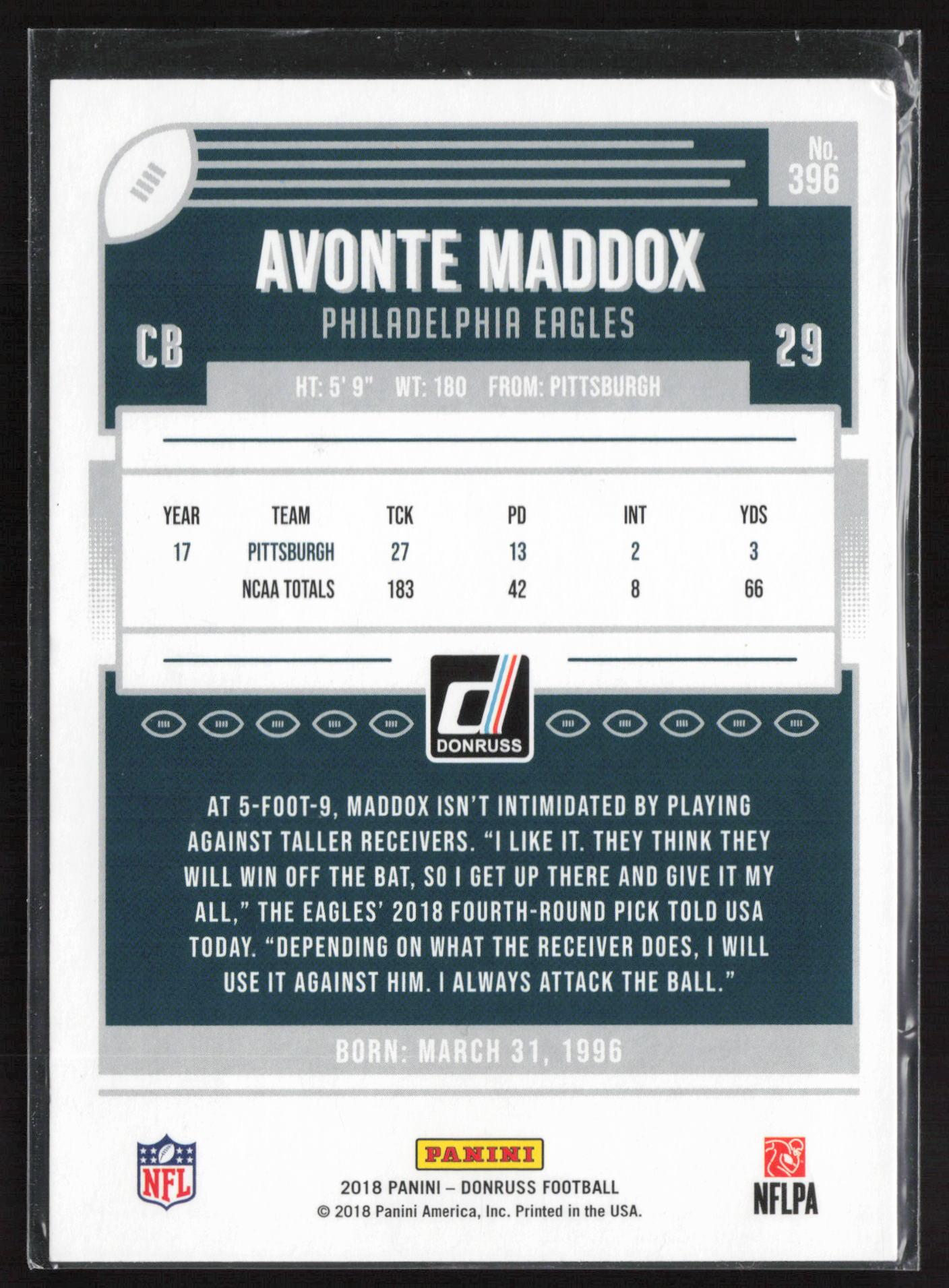 2018 Donruss #396 Avonte Maddox