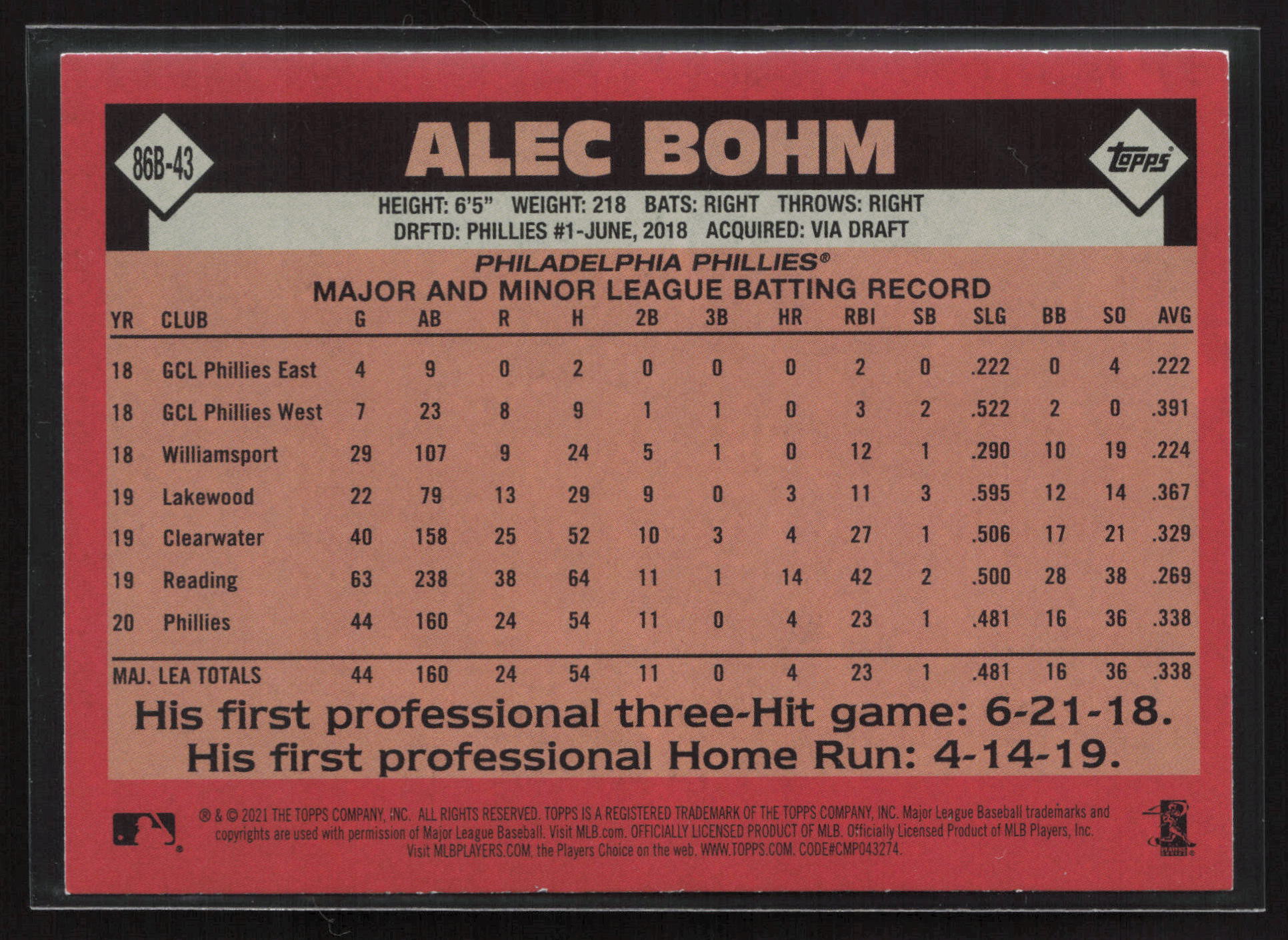 2021 Topps #86B-43 Alec Bohm 1986 Topps Baseball 35th Anniversary (Series One)