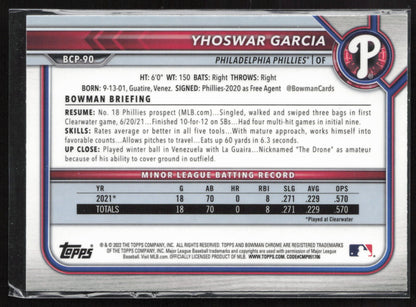 2022 Bowman #BCP-90 Yhoswar Garcia Chrome Prospects