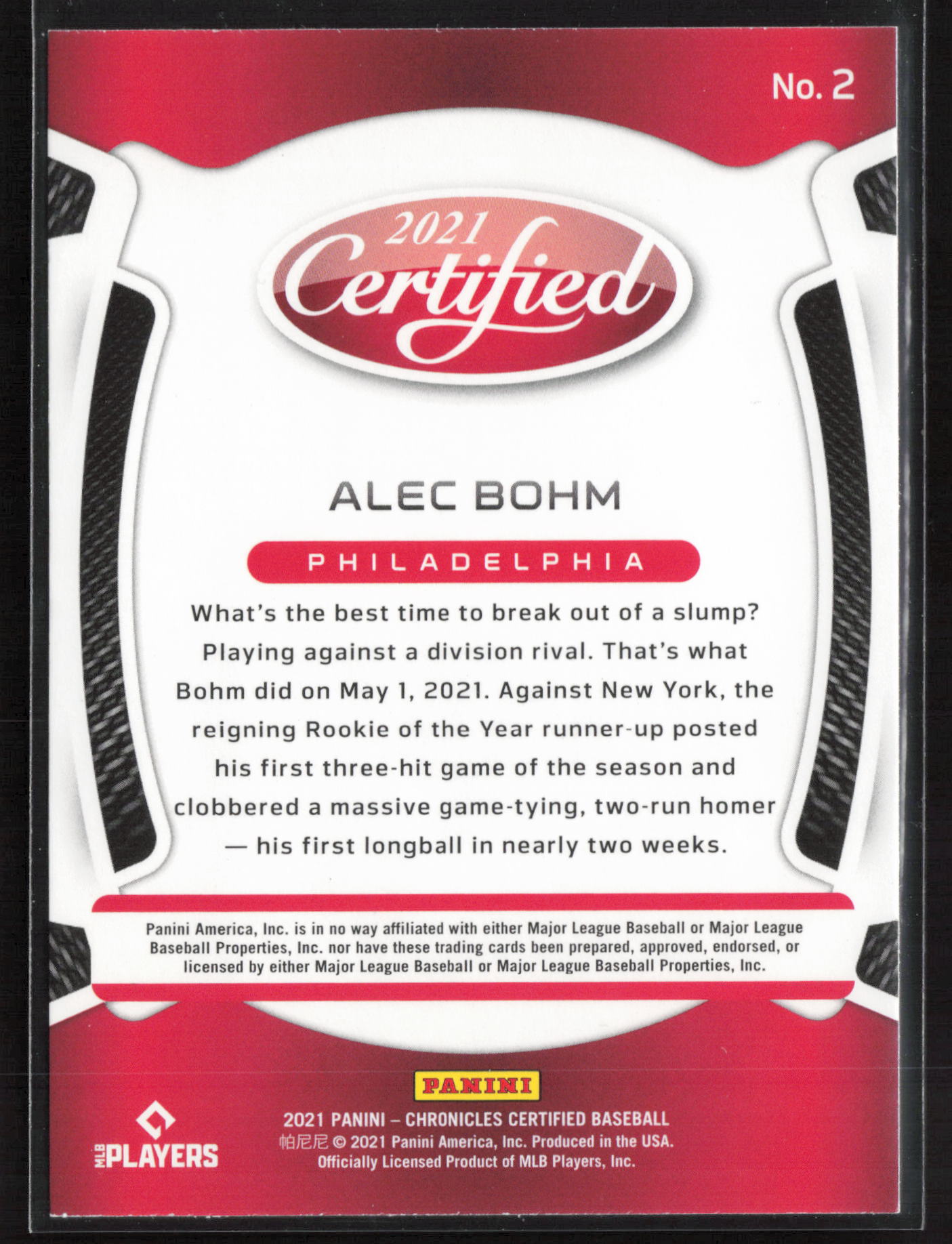 2021 Panini Chronicles #2 Alec Bohm Certified