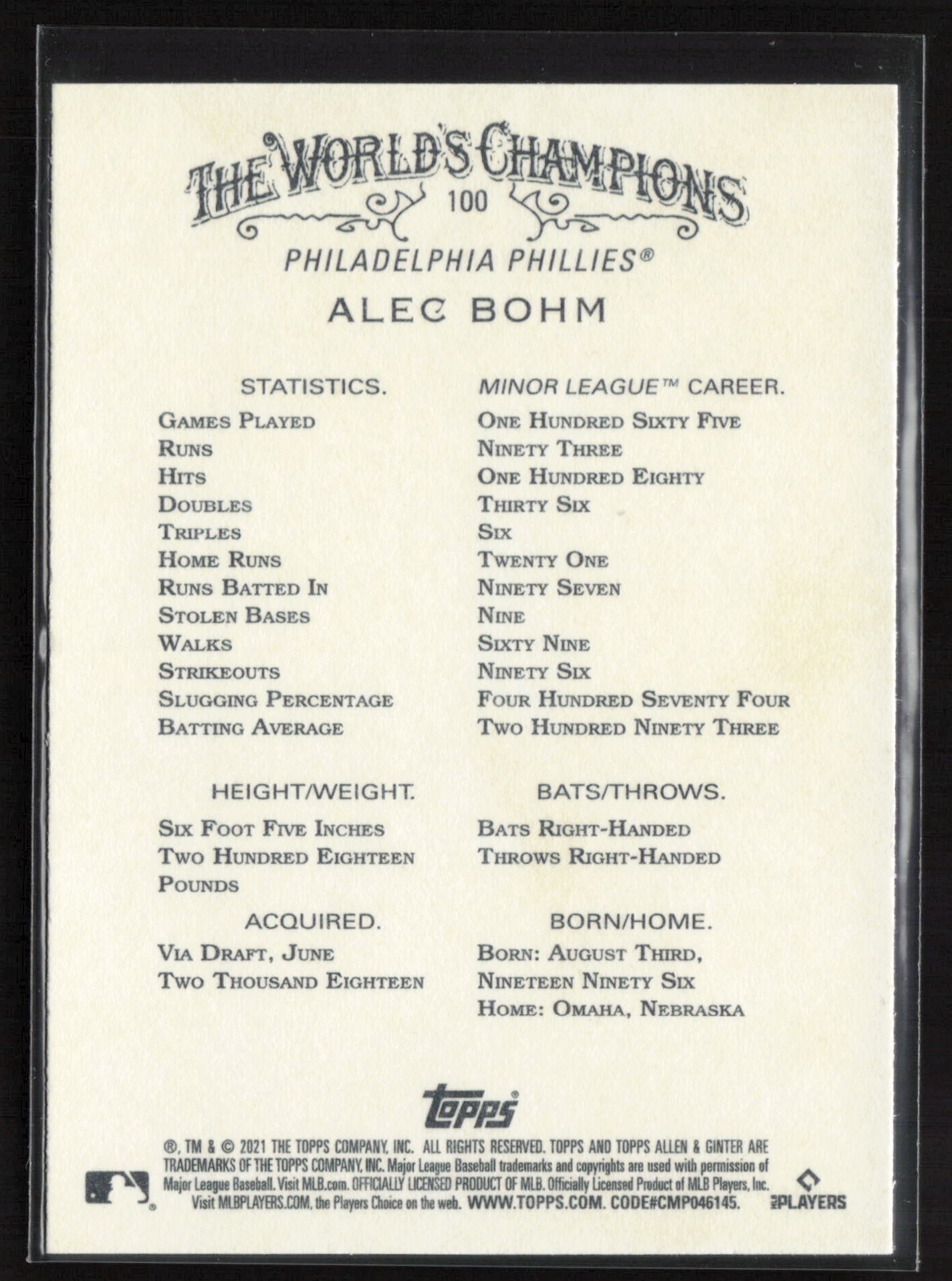 2021 Topps Allen & Ginter #100 Alec Bohm