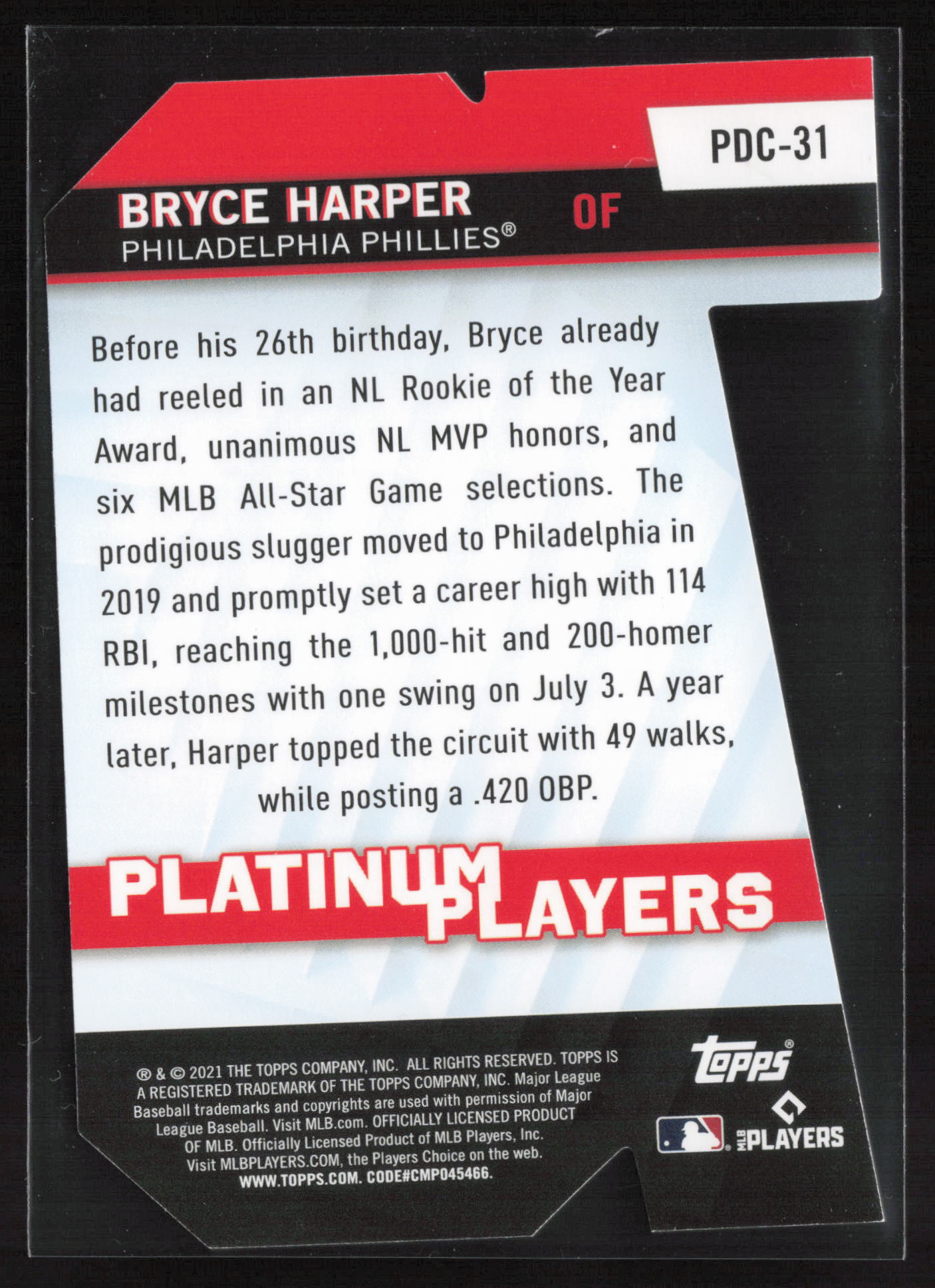 2021 Topps #PDC-31 Bryce Harper Platinum Players Die Cut