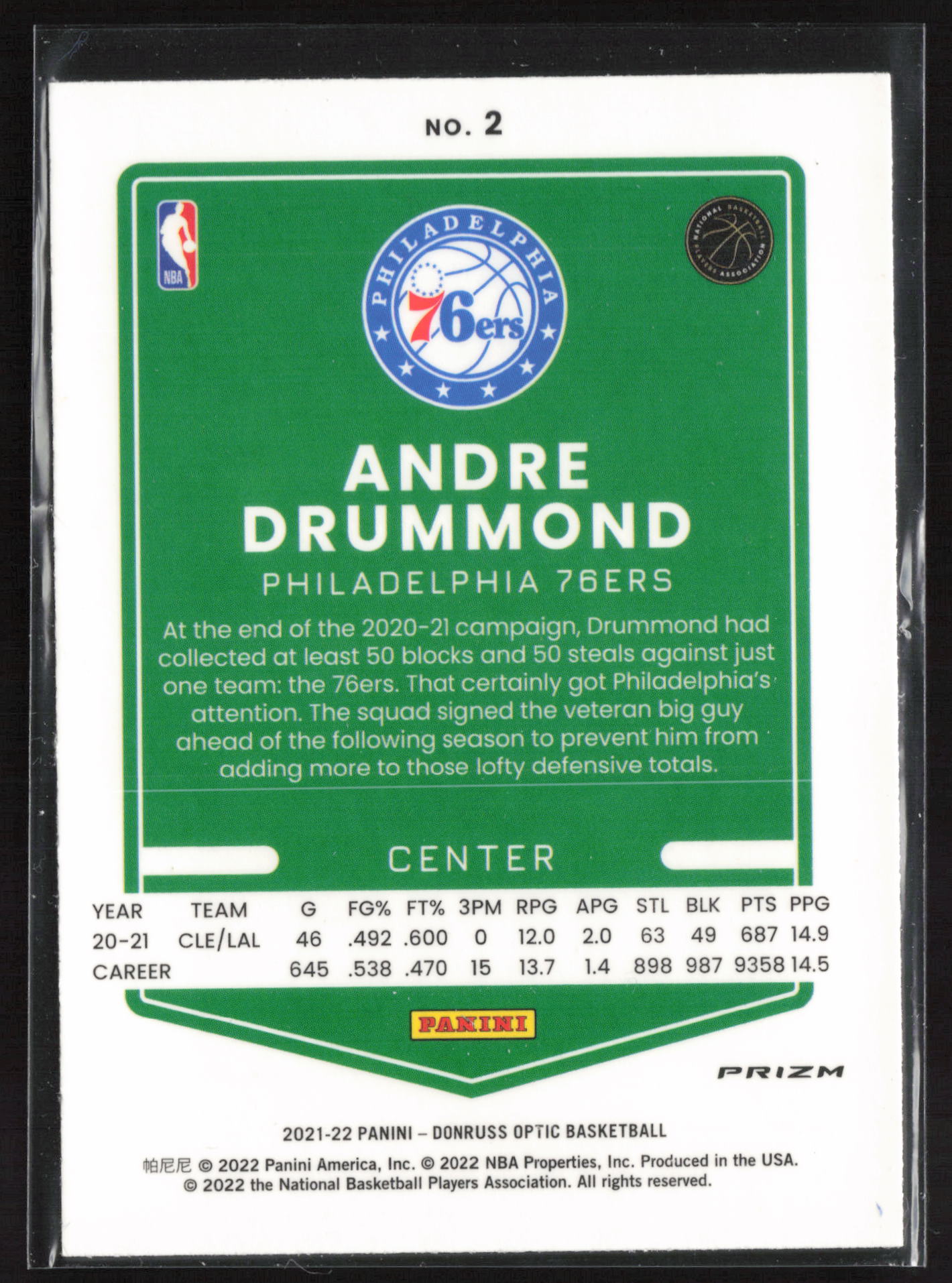 2021-22 Donruss Optic #2 Andre Drummond Blue Velocity