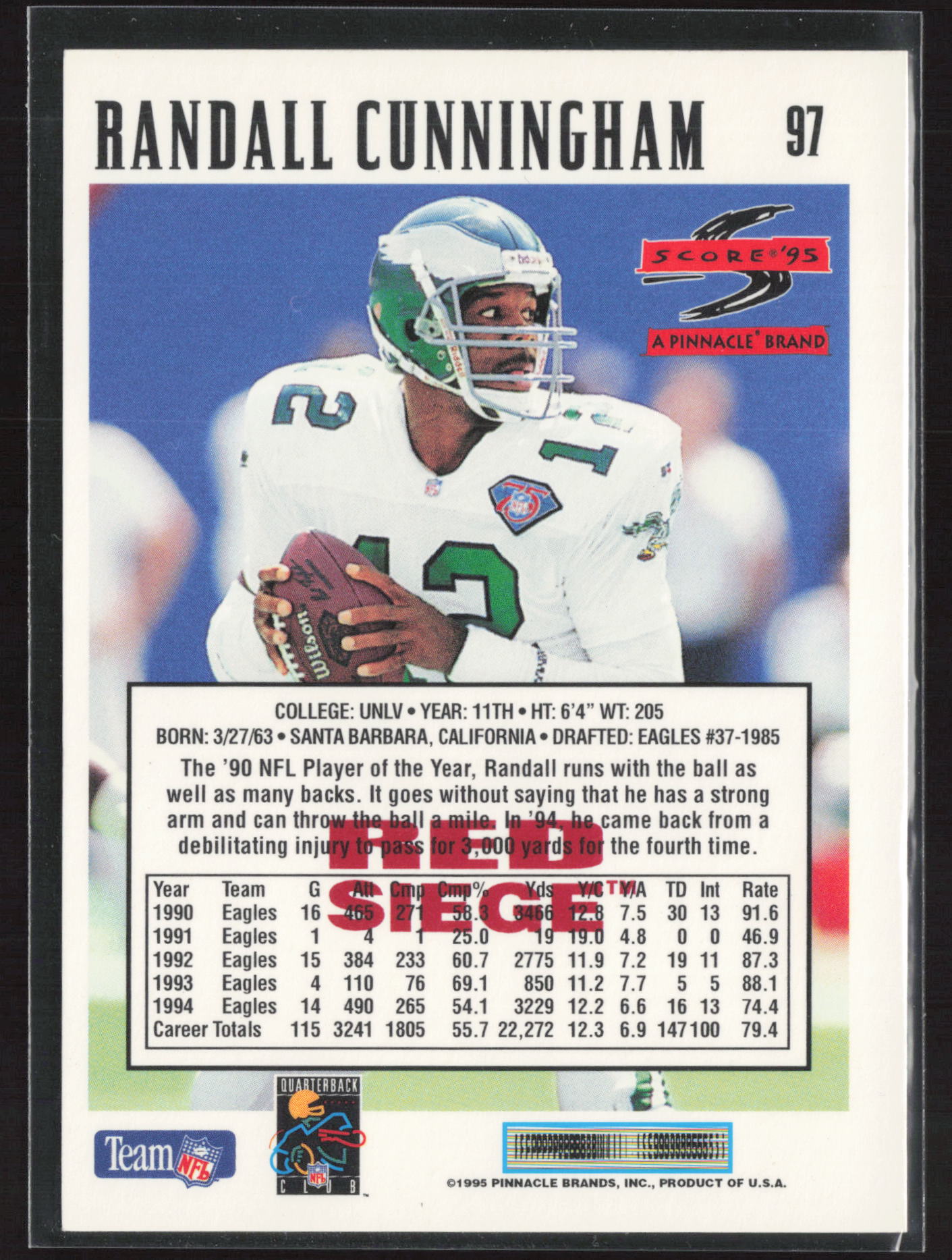 1995 Score #97 Randall Cunningham Red Siege Artist's Proofs