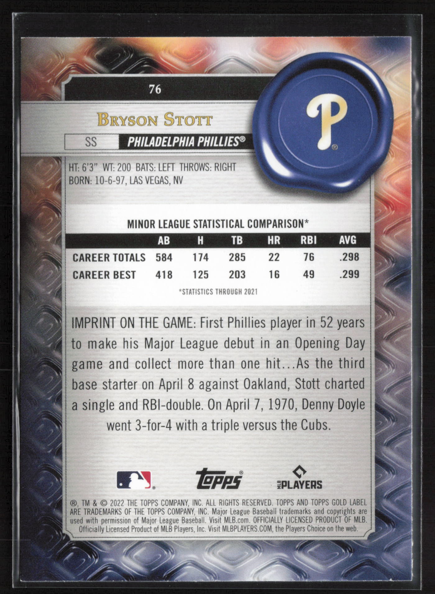 2022 Topps Gold Label #76 Bryson Stott Class 3