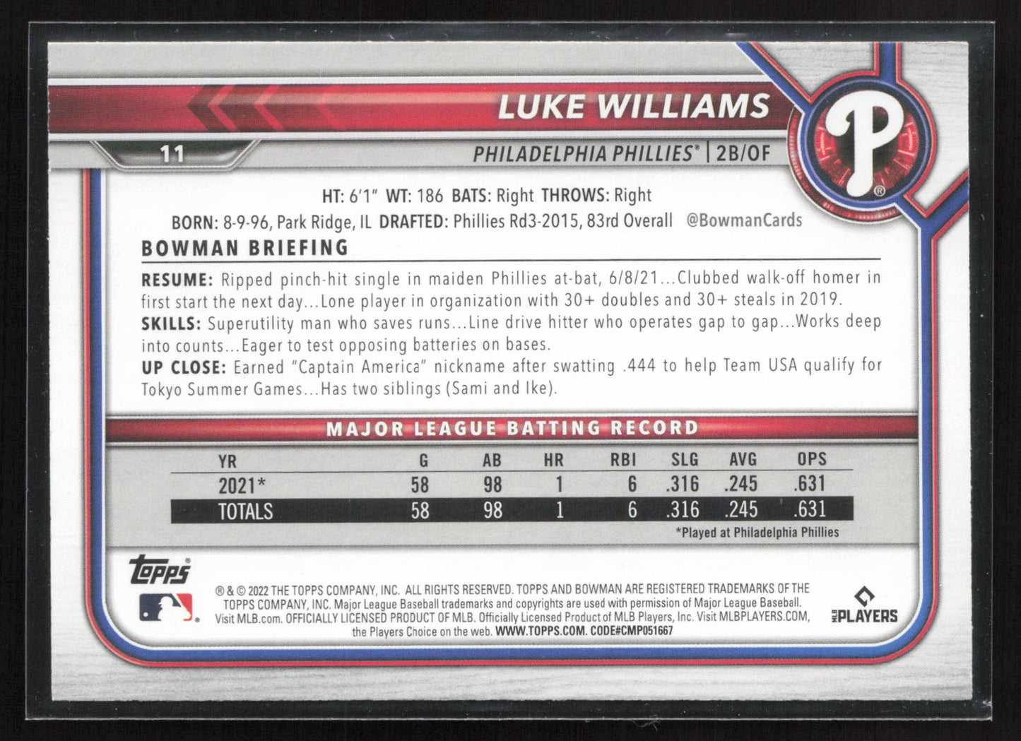 2022 Bowman #11 Luke Williams