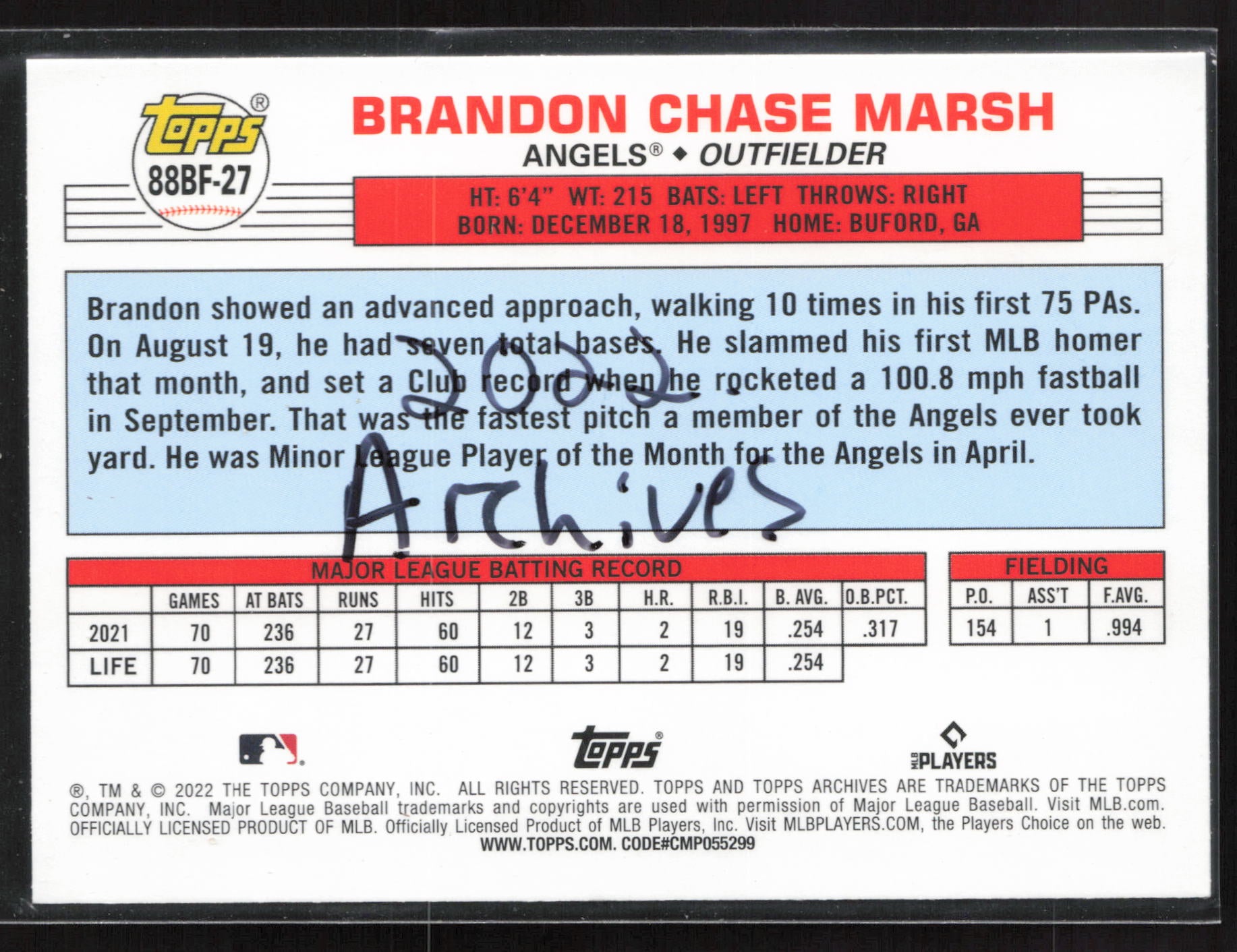 2022 Topps Archives #88BF-27 Brandon Marsh 1988 Topps Big Foil