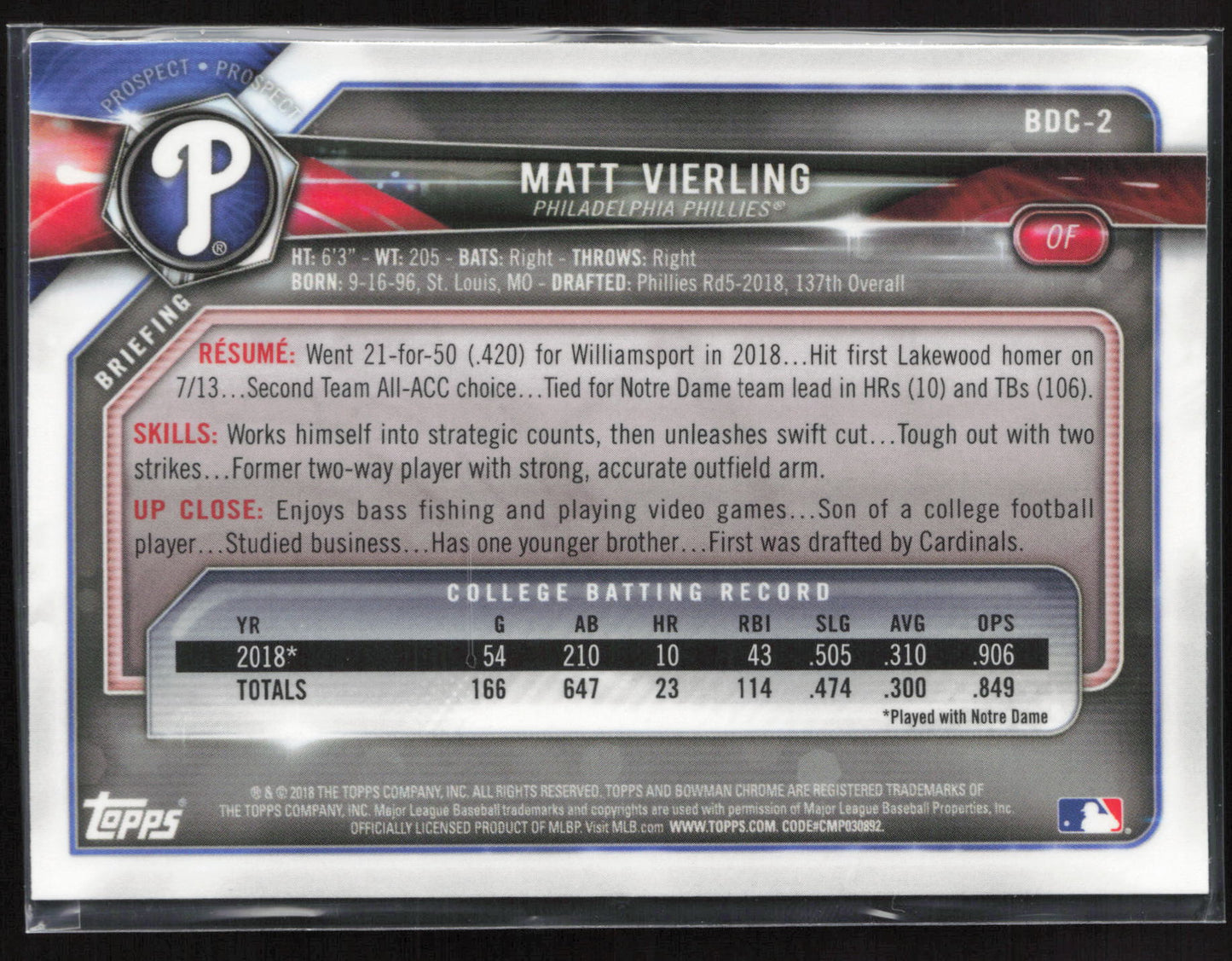 2018 Bowman Draft #BDC-2 Matt Vierling Chrome