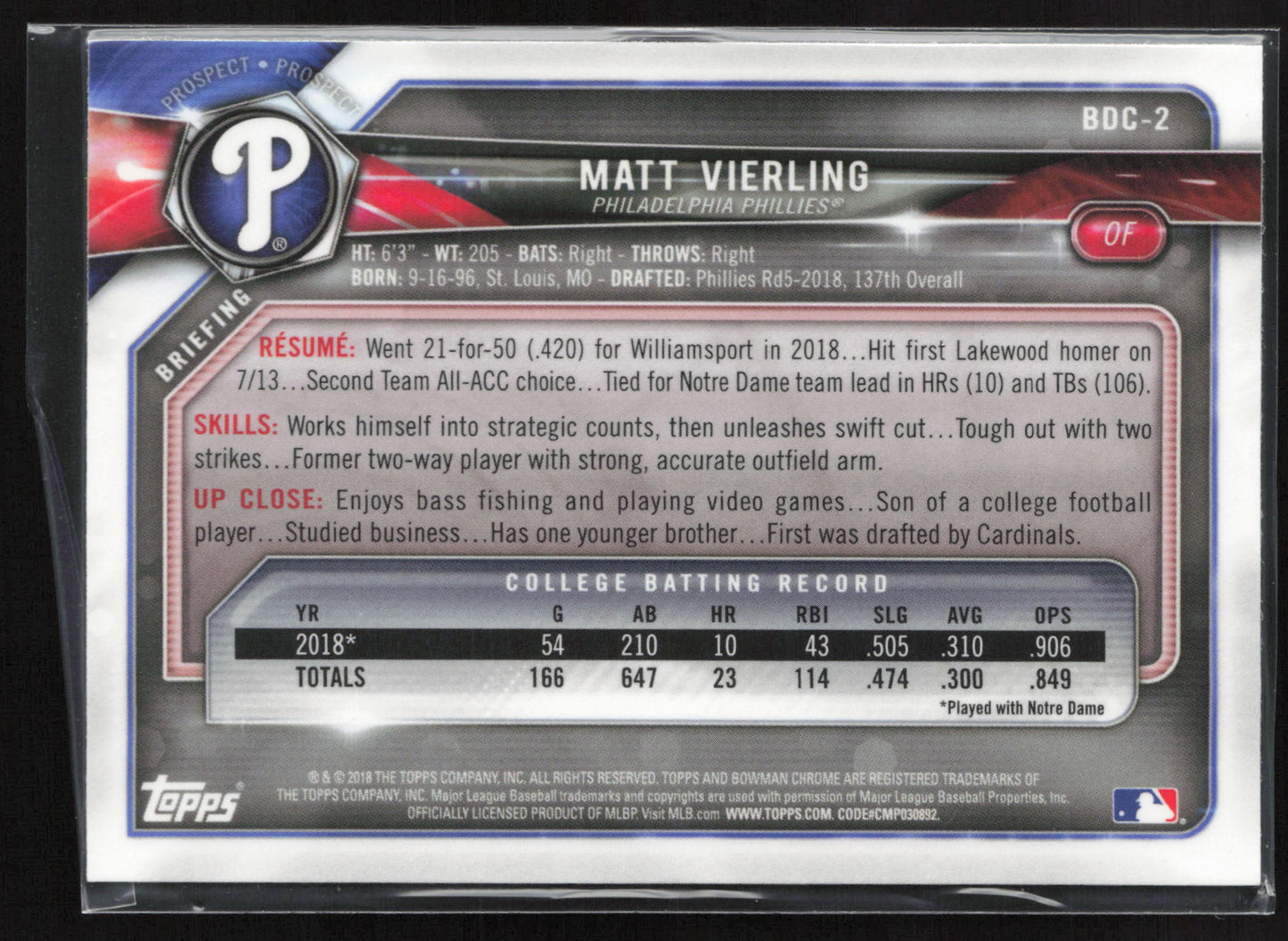 2018 Bowman Draft #BDC-2 Matt Vierling Chrome