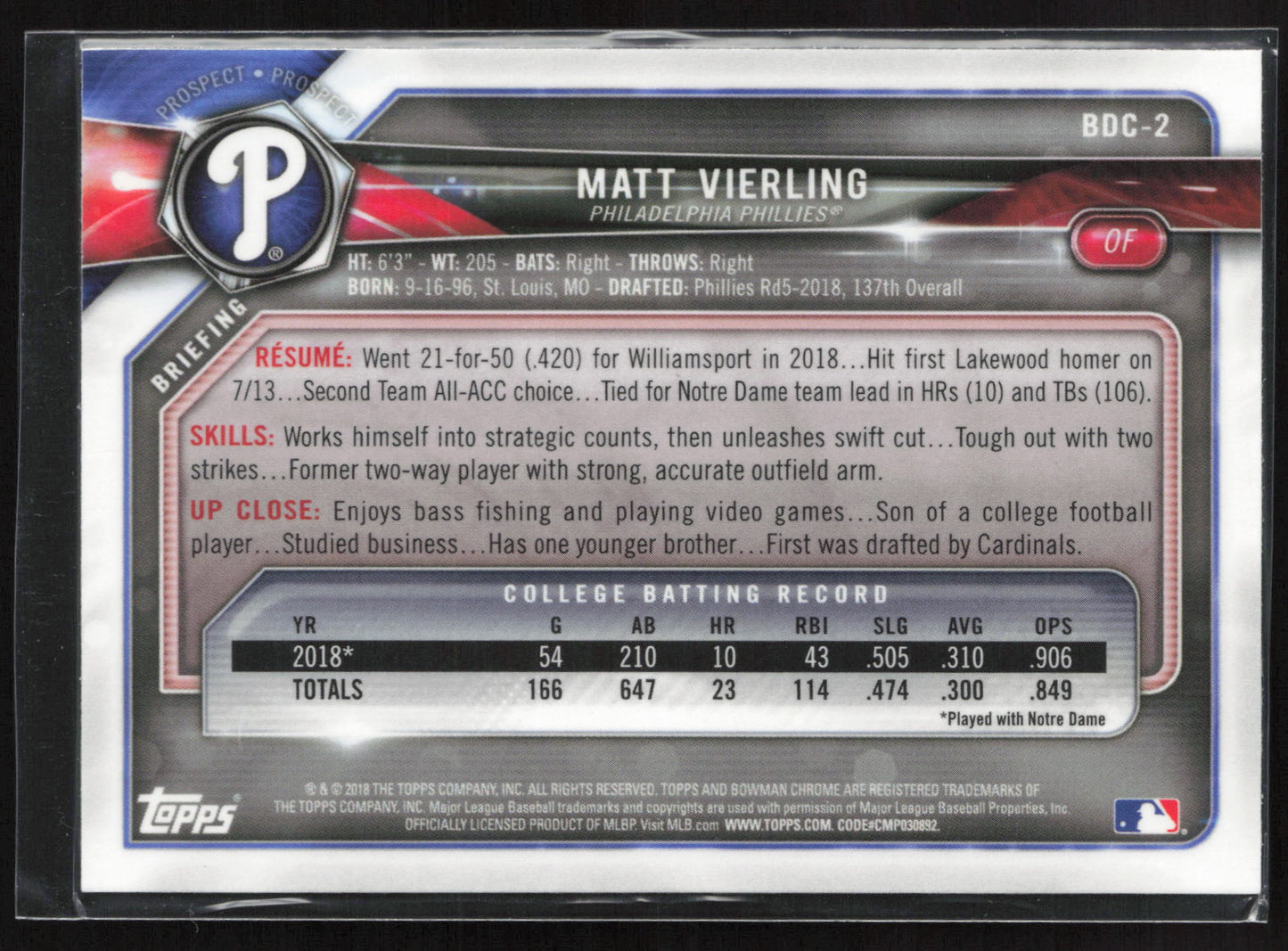 2018 Bowman Draft #BDC-2 Matt Vierling Chrome