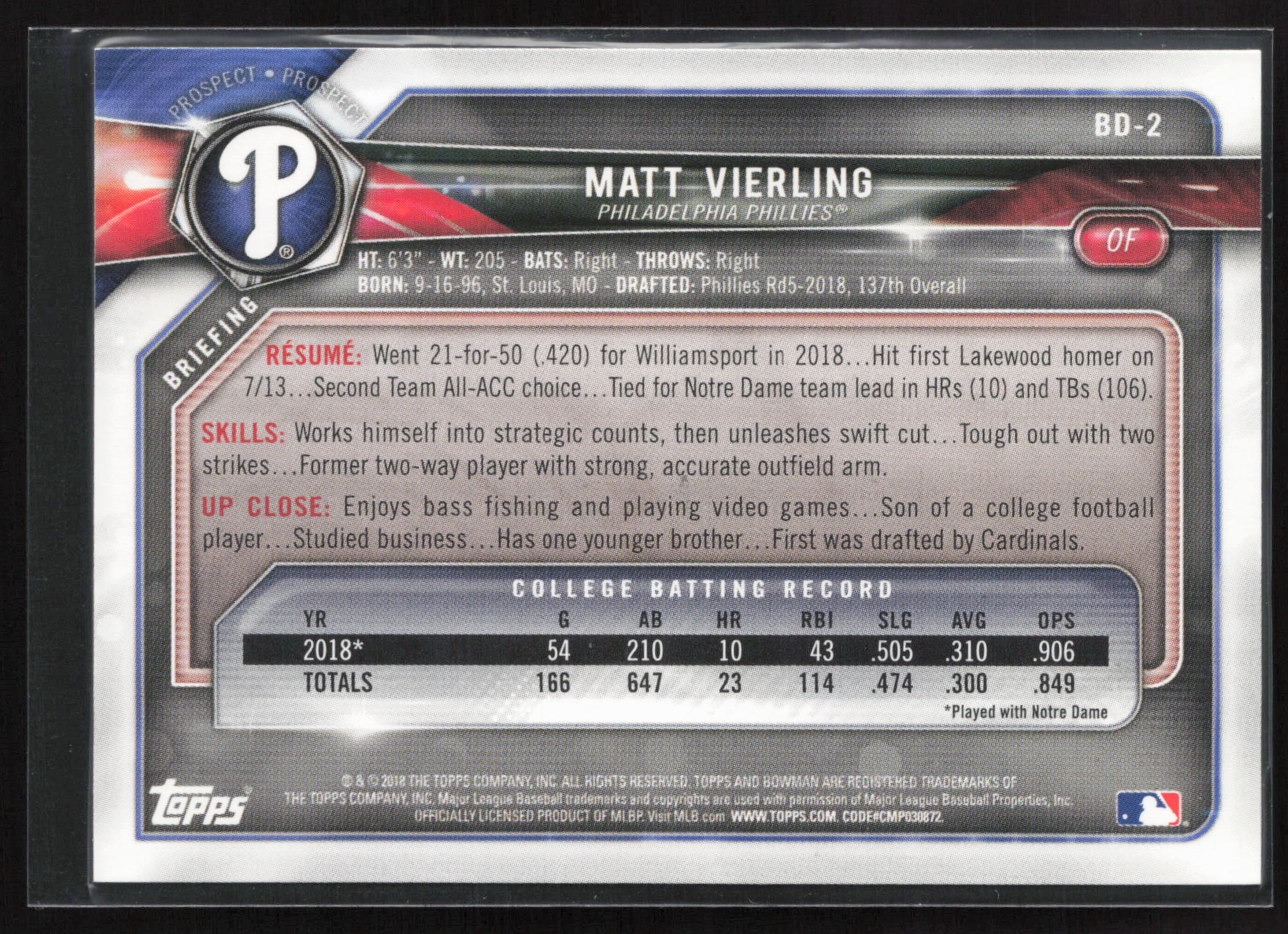 2018 Bowman Draft #BDC-2 Matt Vierling Chrome