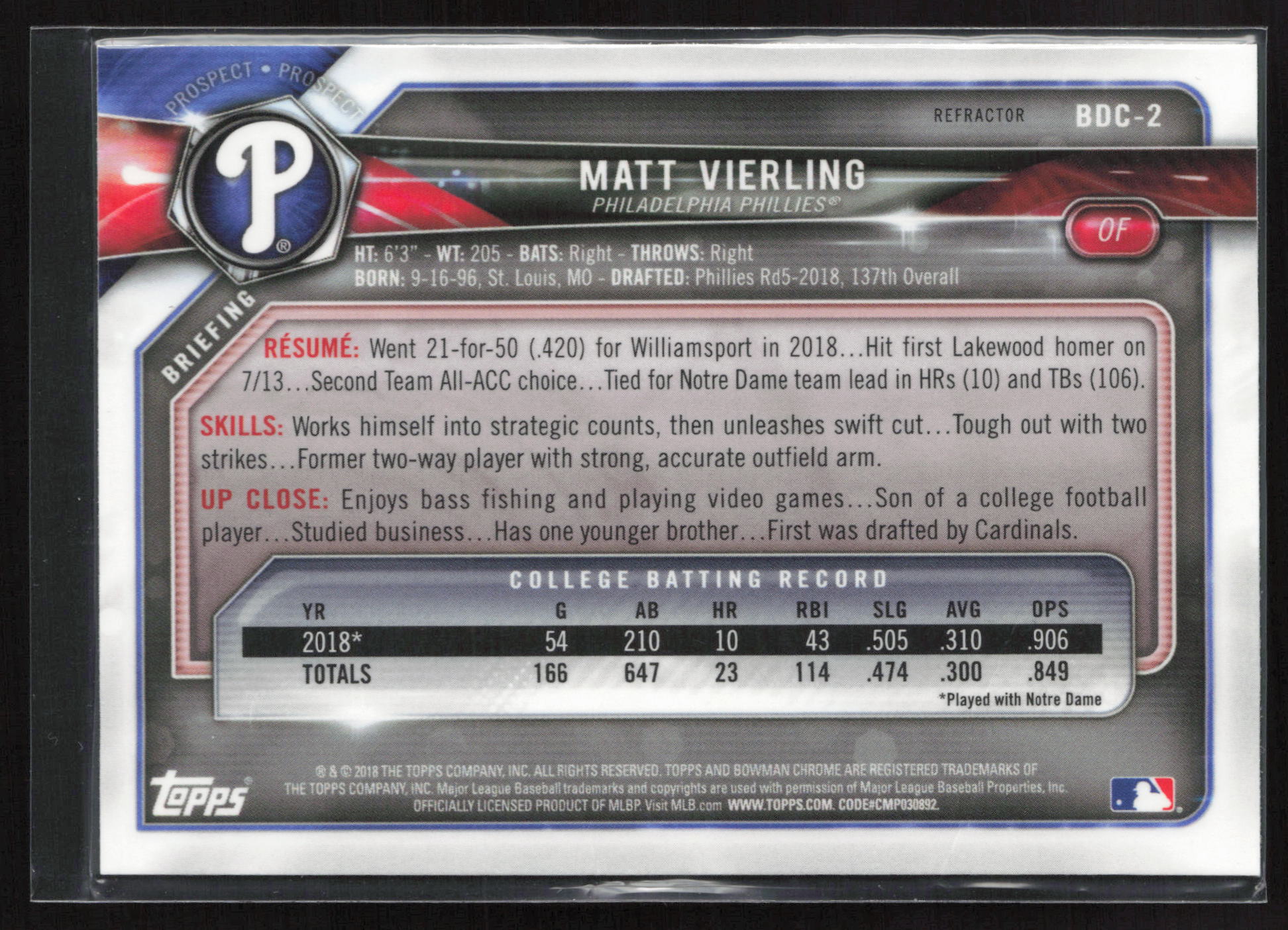 2018 Bowman Draft #BDC-2 Matt Vierling Chrome