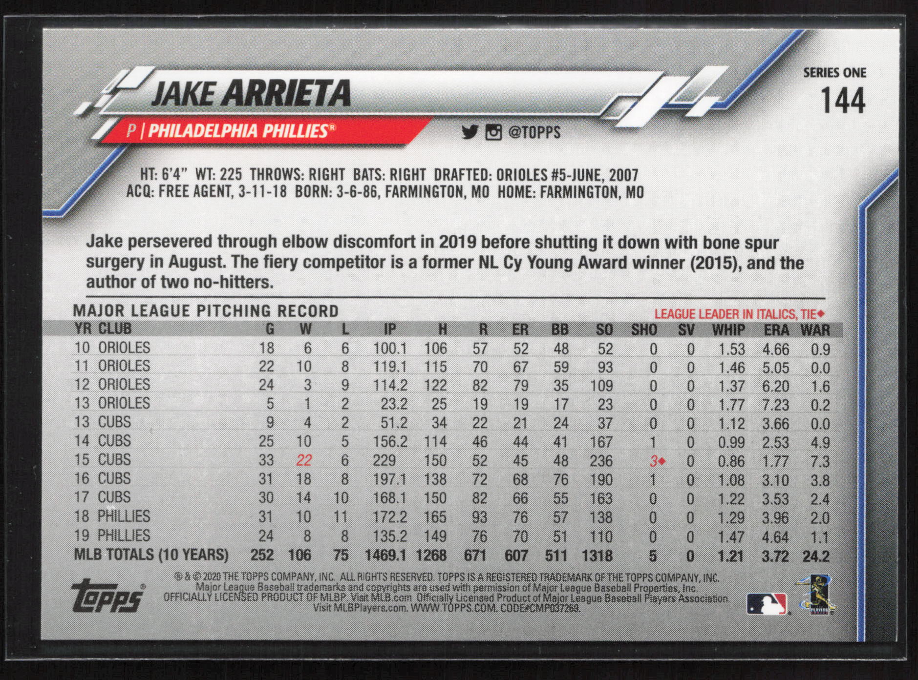 2020 Topps #144 Jake Arrieta