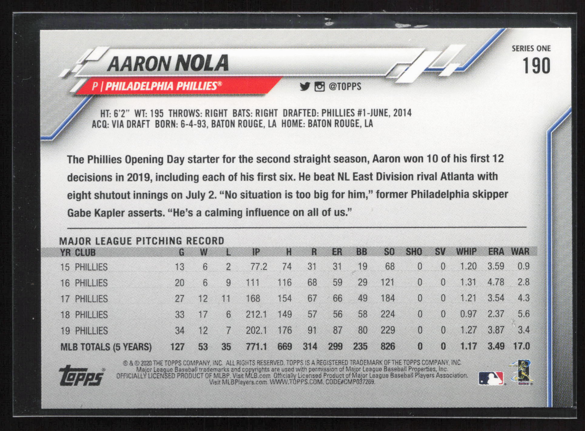 2020 Topps #190 Aaron Nola