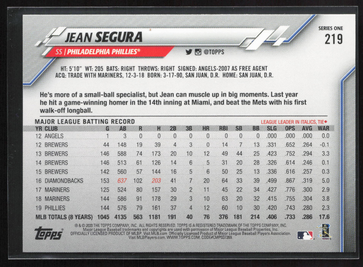 2020 Topps #219a Jean Segura