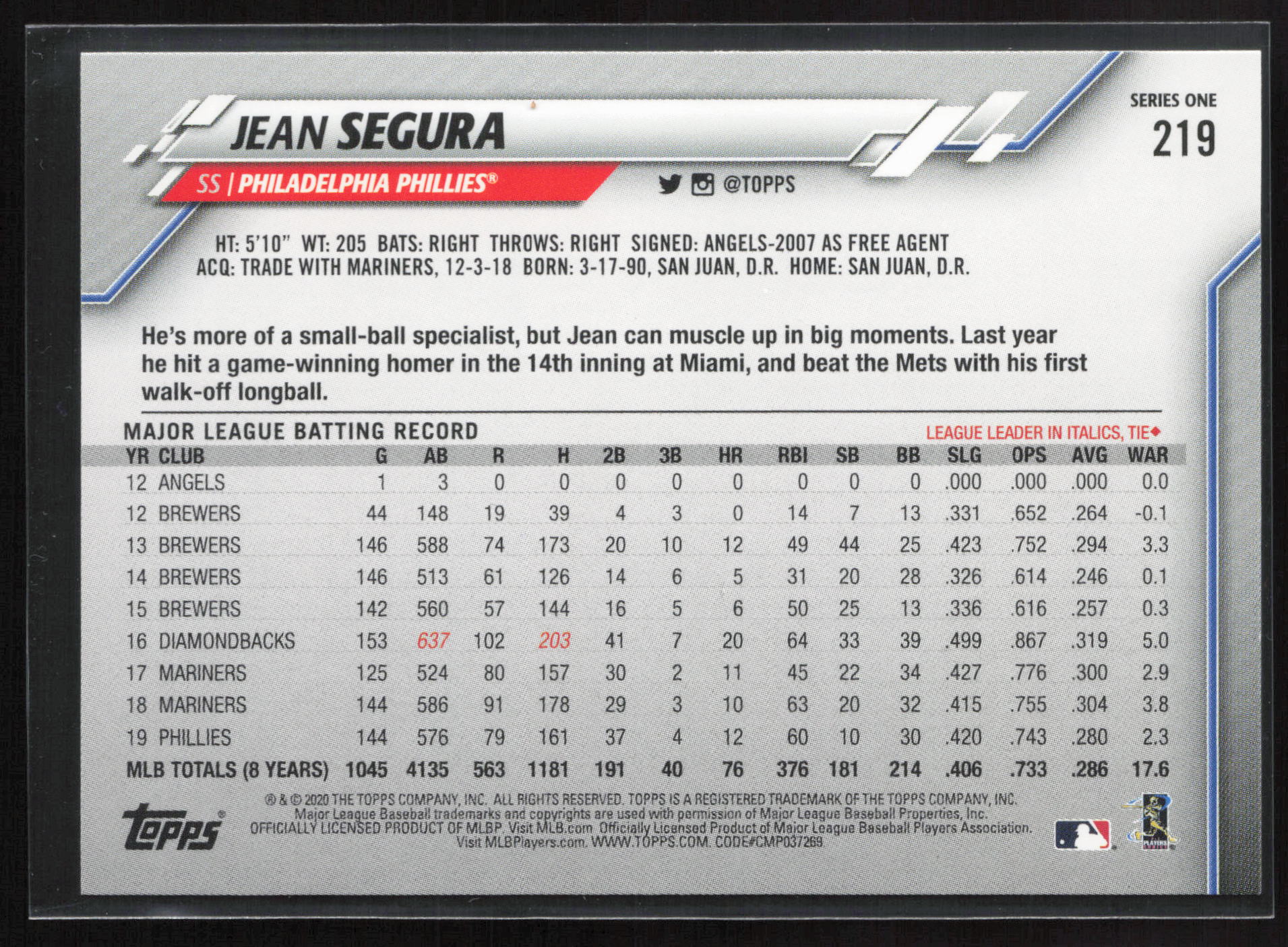 2020 Topps #219a Jean Segura