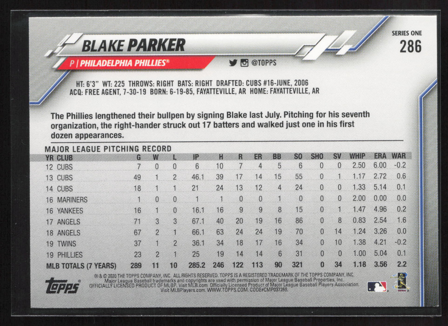 2020 Topps #286 Blake Parker