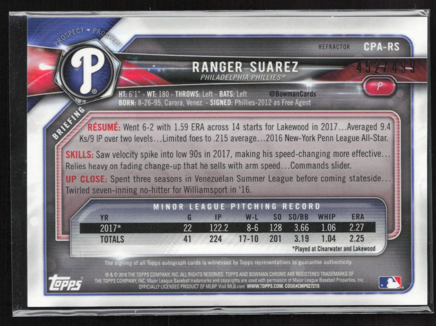 2018 Bowman Chrome #CPA-RS Ranger Suarez Prospects Autographs Refractor #/499