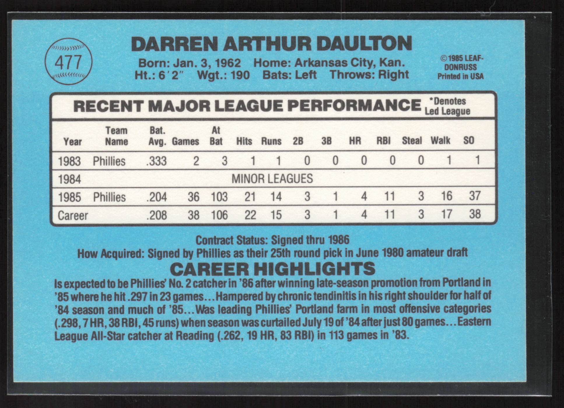 1986 Donruss #477 Darren Daulton