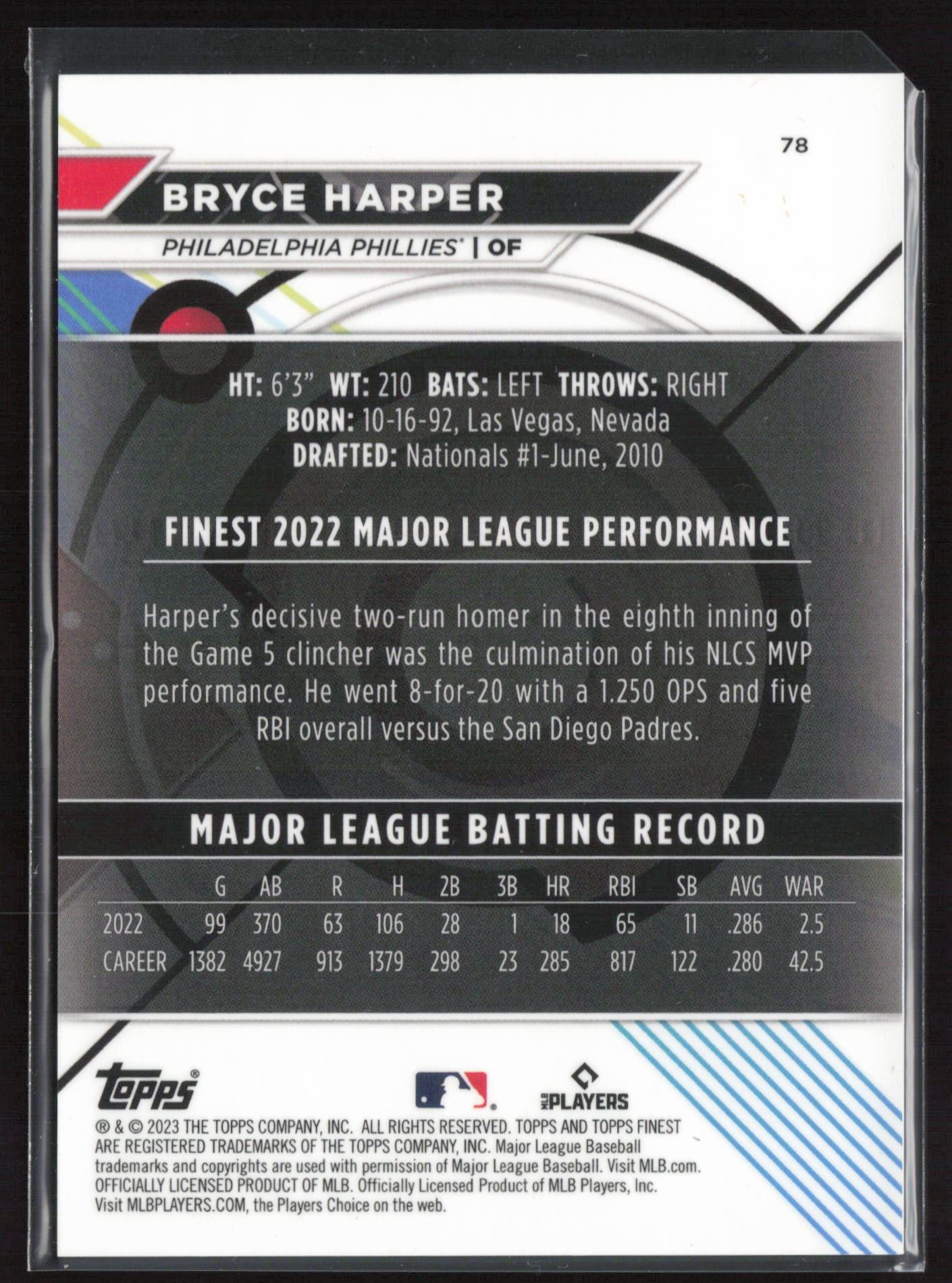 2023 Finest #78 Bryce Harper Green Lava Refractor #/99