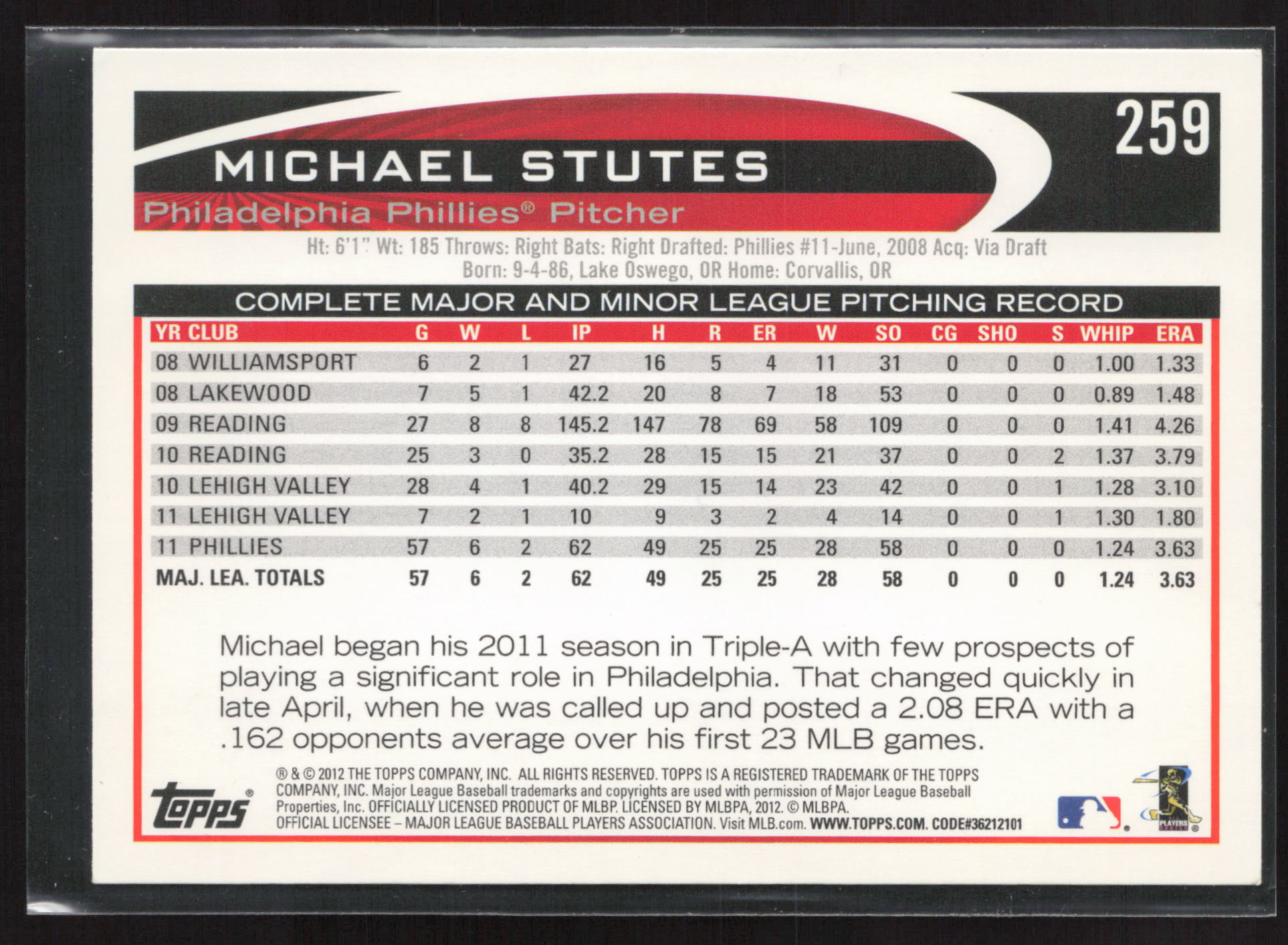 2012 Topps #259b Michael Stutes