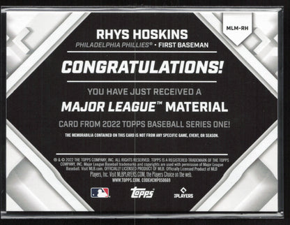 2022 Topps #MLM-RH Rhys Hoskins Major League Material Relics (Series One)