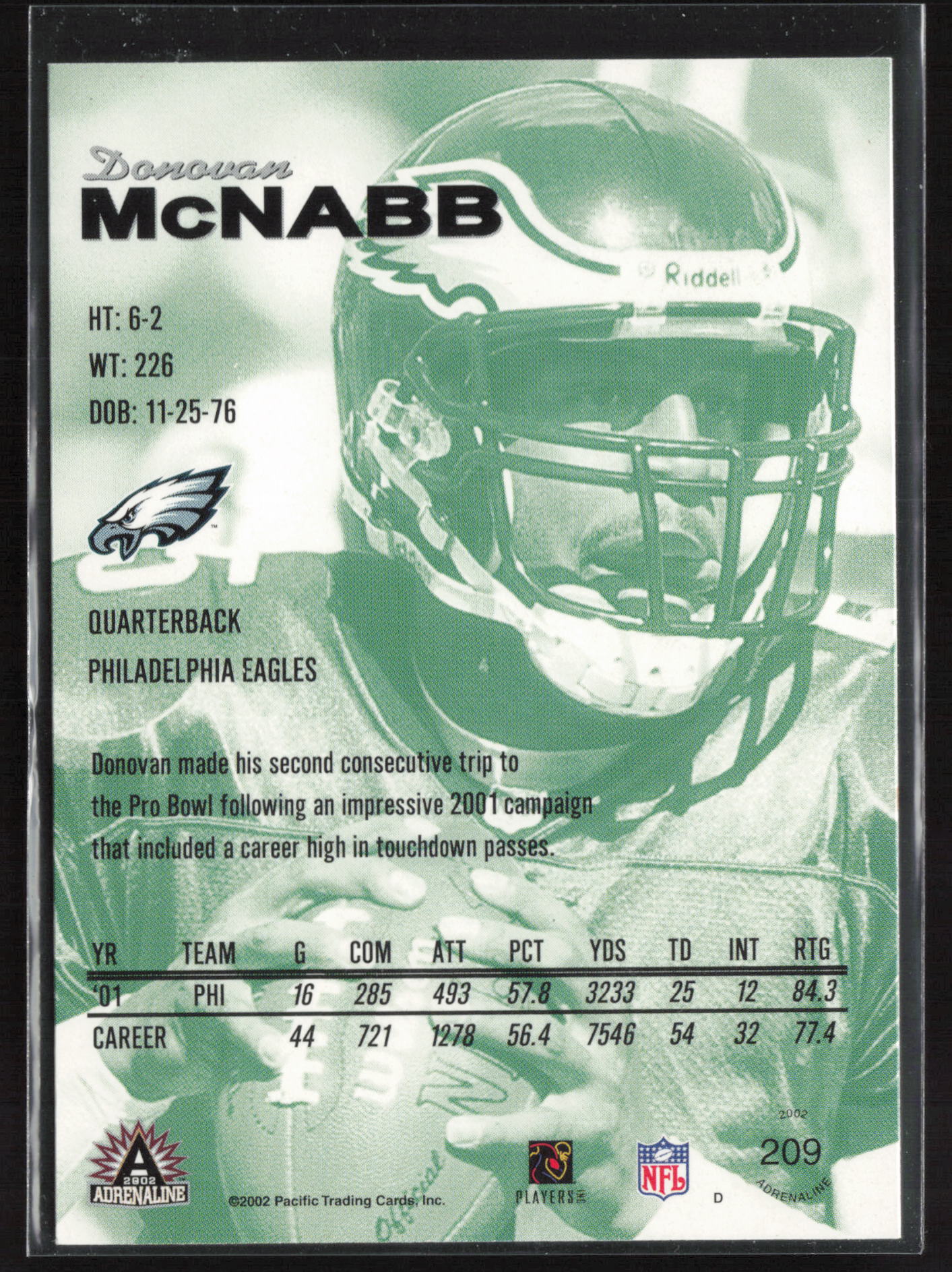 2002 Pacific Adrenaline #209 Donovan McNabb