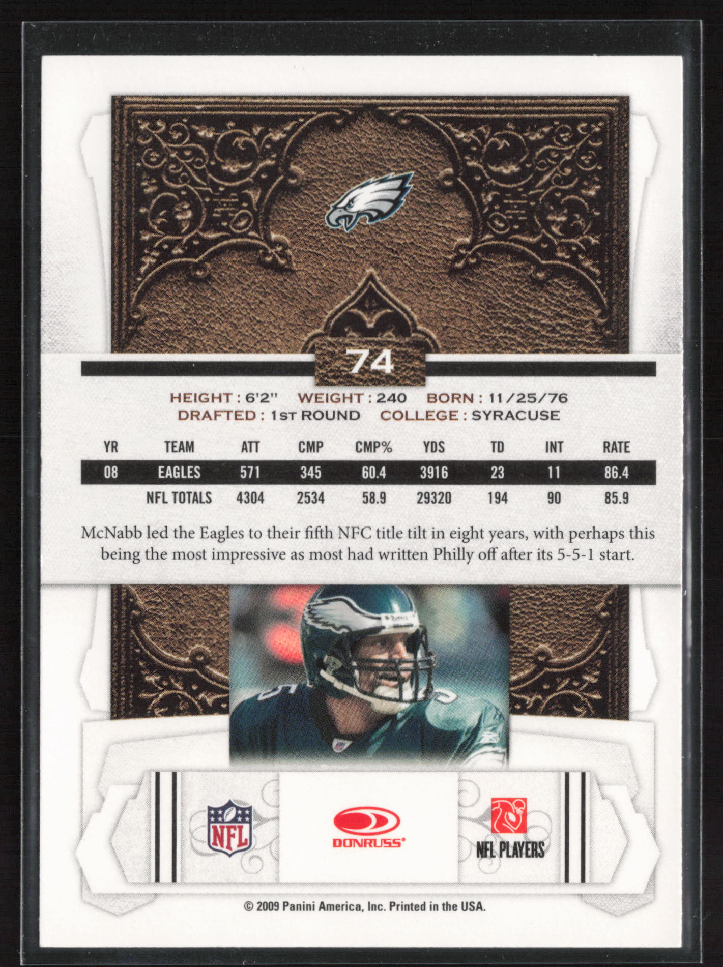 2009 Donruss Classics #74 Donovan McNabb Timeless Tributes Silver #/100