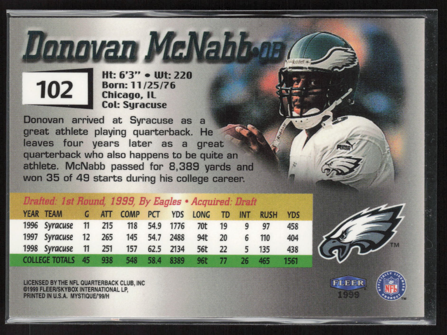 1999 Fleer Mystique #102 Donovan McNabb #/2999