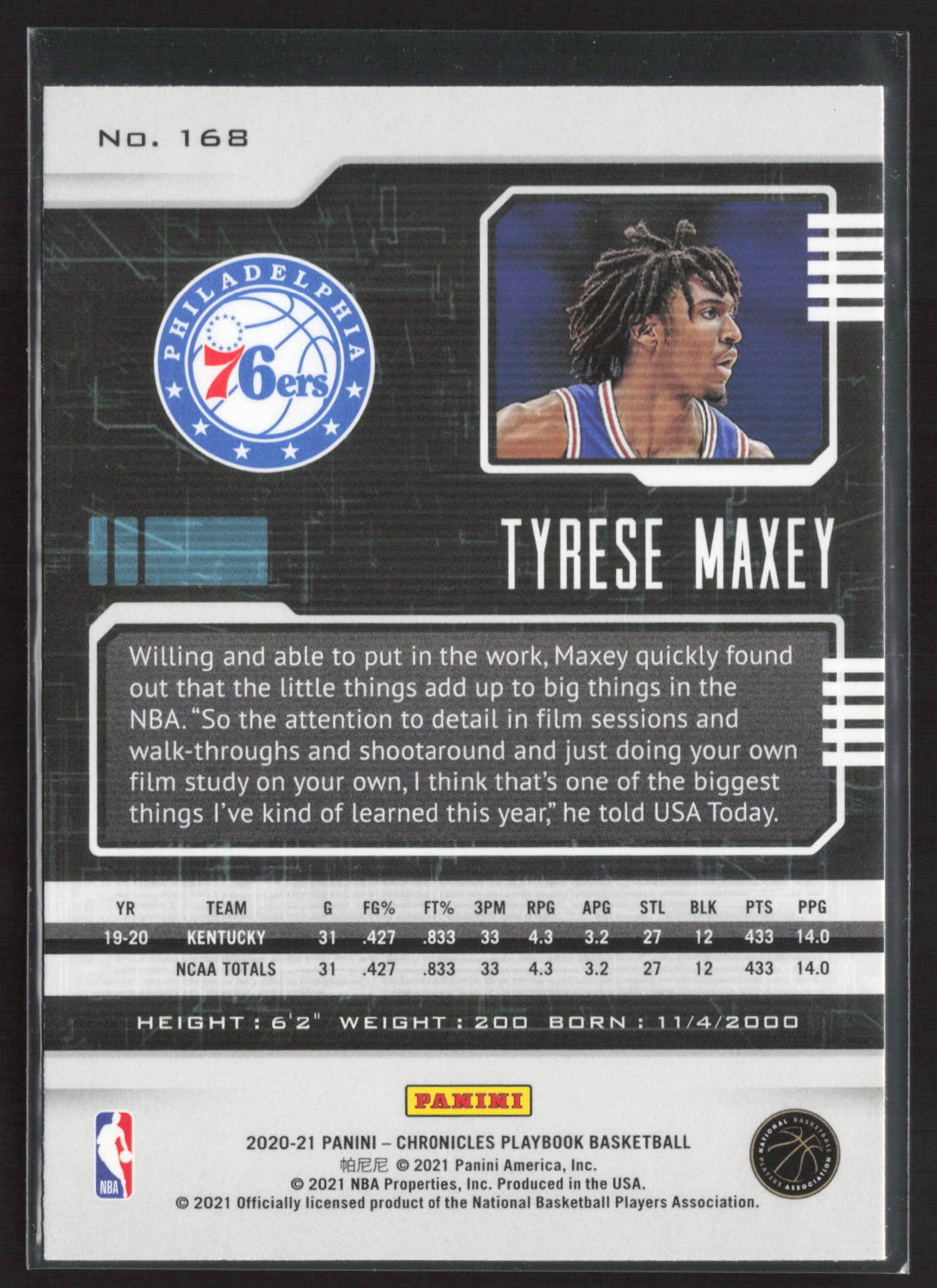 2020-21 Panini Chronicles #168 Tyrese Maxey