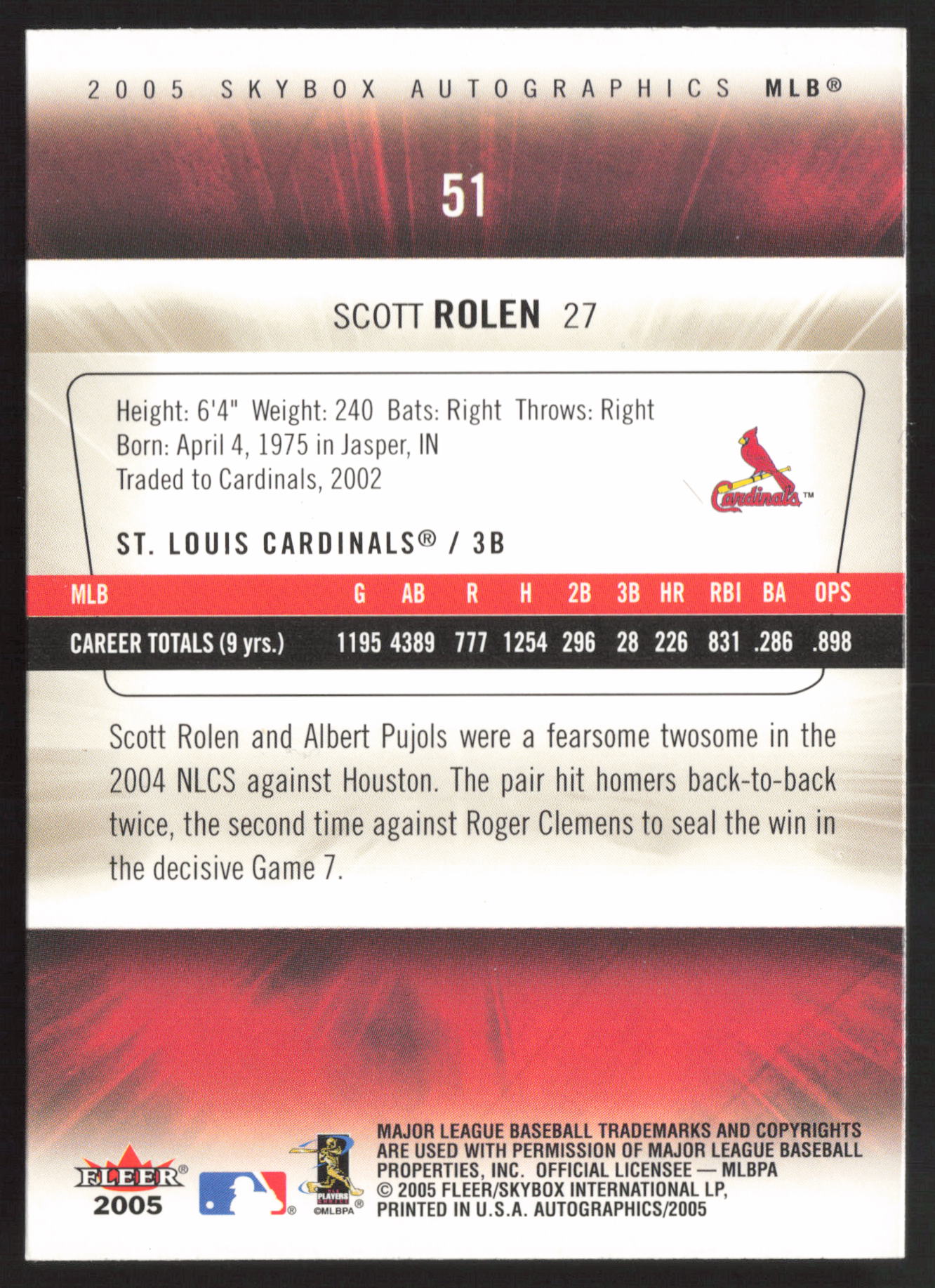 2005 SkyBox Autographics #51 Scott Rolen