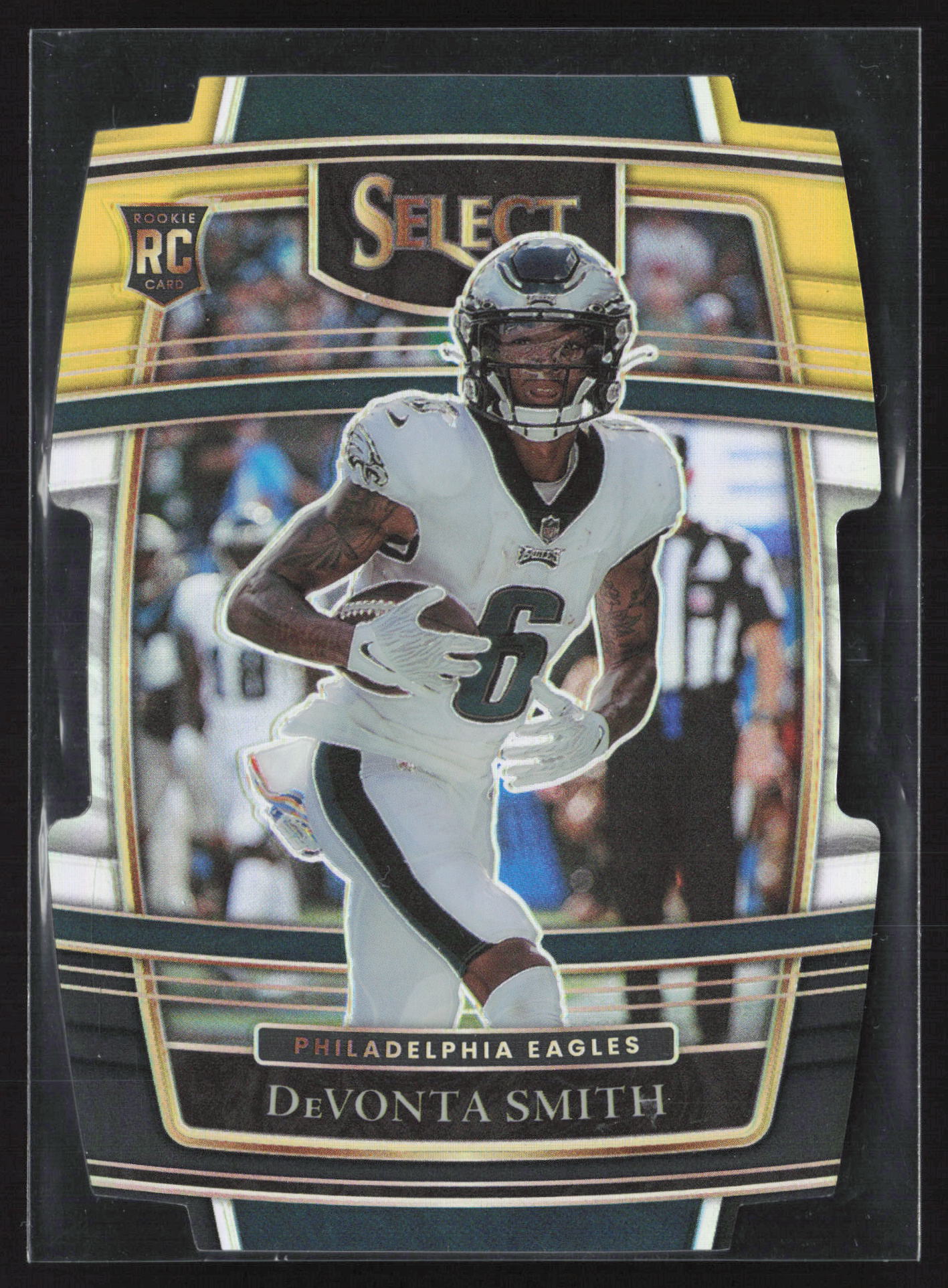 2021 Panini Select #49 DeVonta Smith Green and Yellow Prizm Die Cut