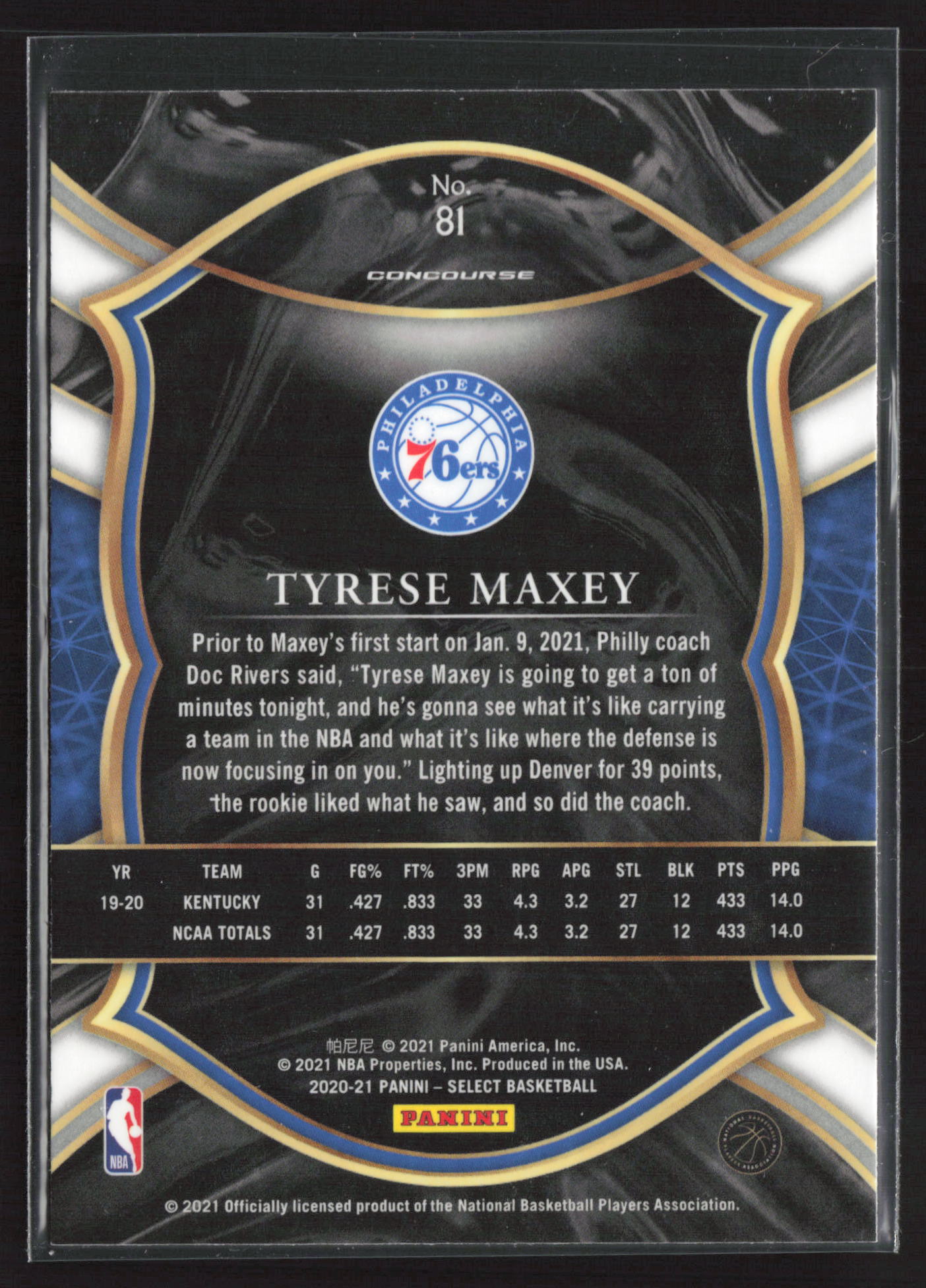 2020-21 Panini Select #81 Tyrese Maxey